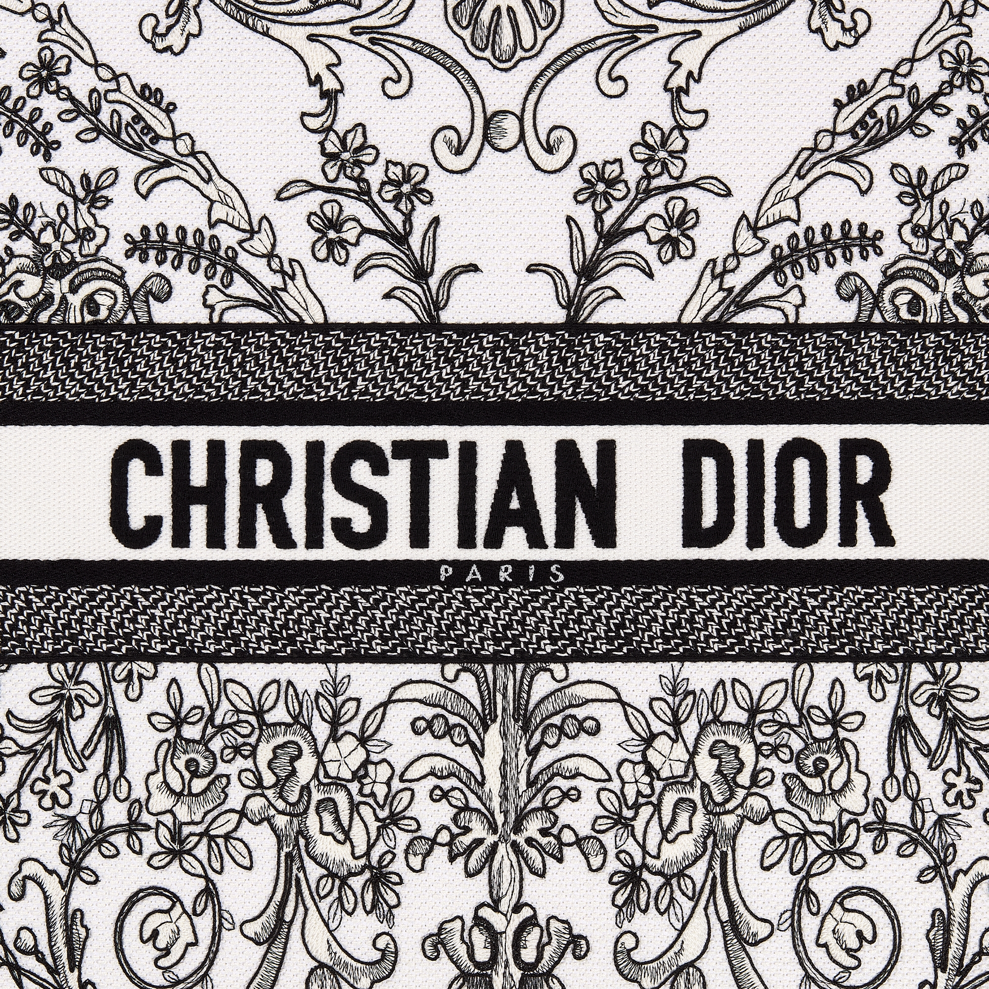 Square Pillow White Cotton Embroidered with Black Dioresque Butterfly Motif E09