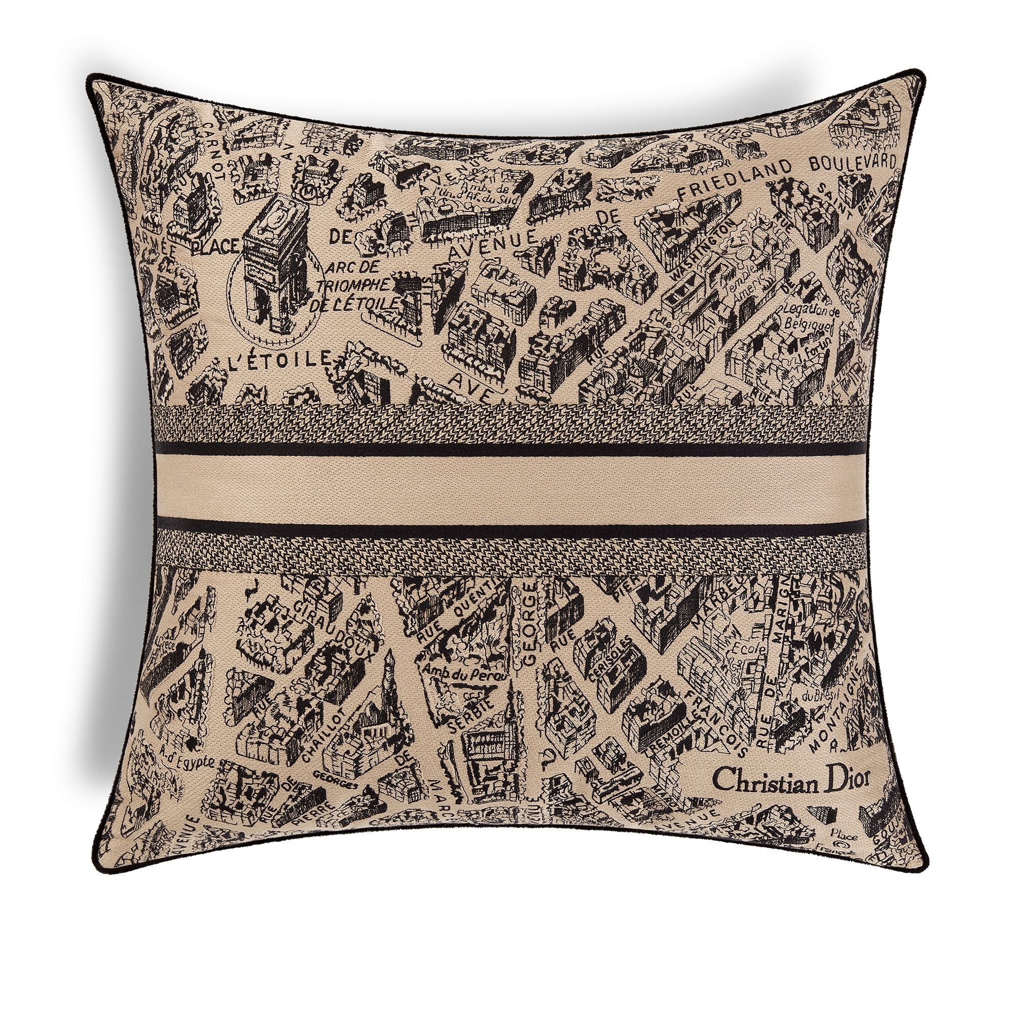 스퀘어 쿠션 Plan de Paris 모티브, 베이지 & 블랙 E08