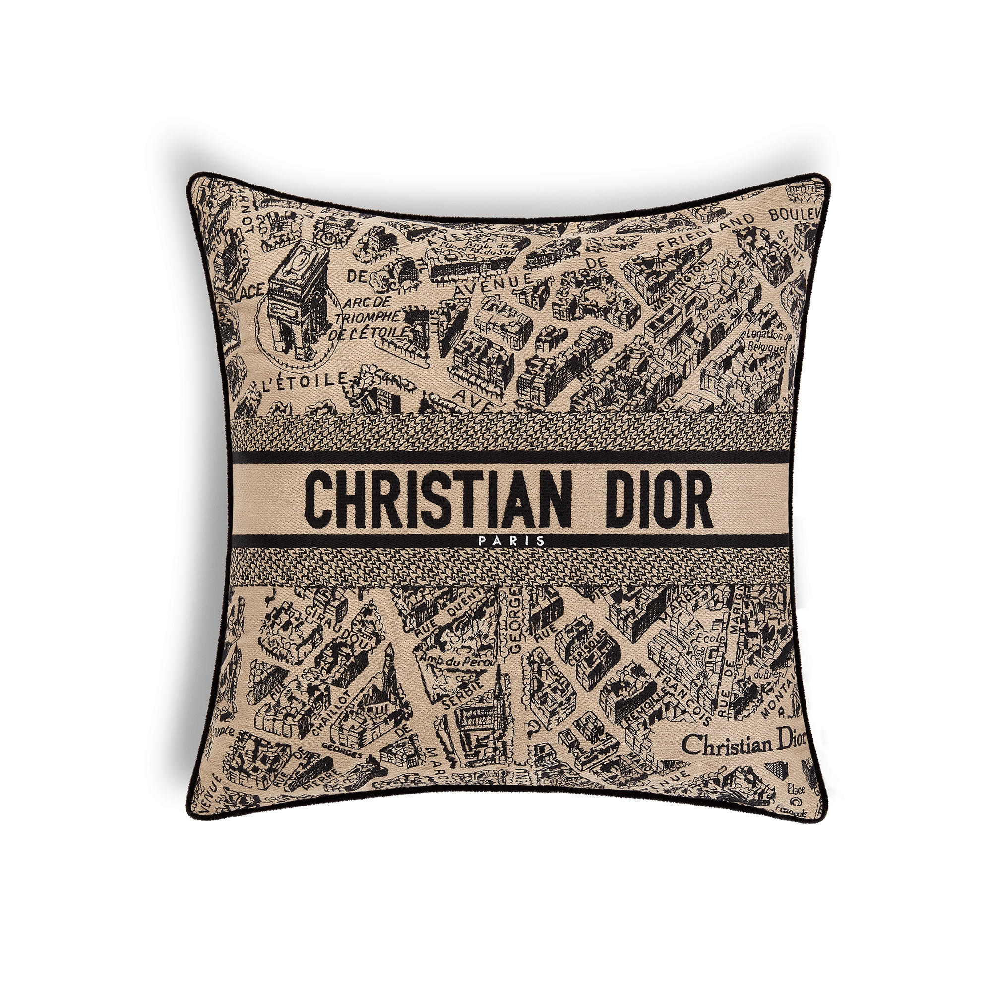 Small Square Pillow Plan de Paris Motif, Beige and Black E01
