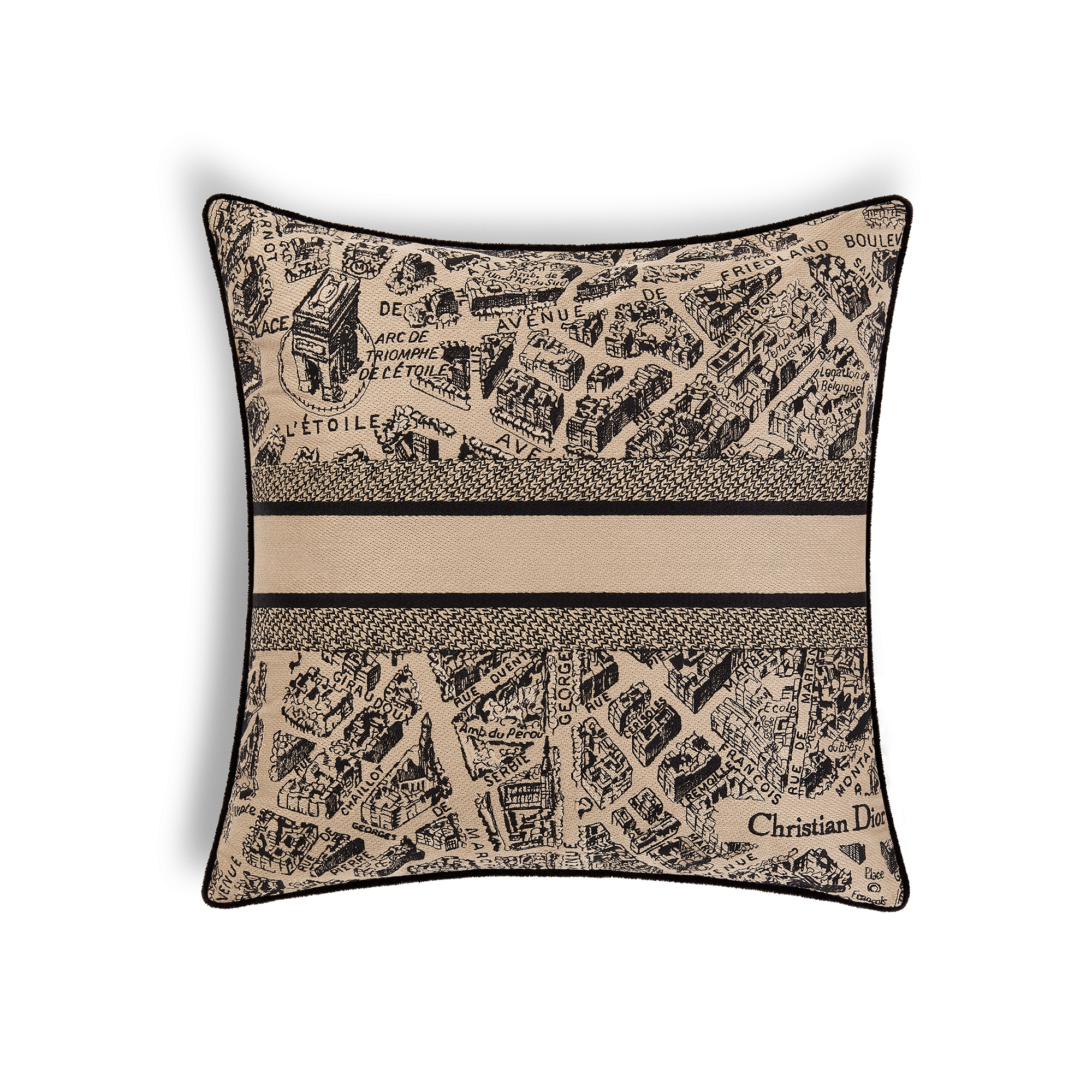 Small Square Pillow Plan de Paris Motif, Beige and Black E08