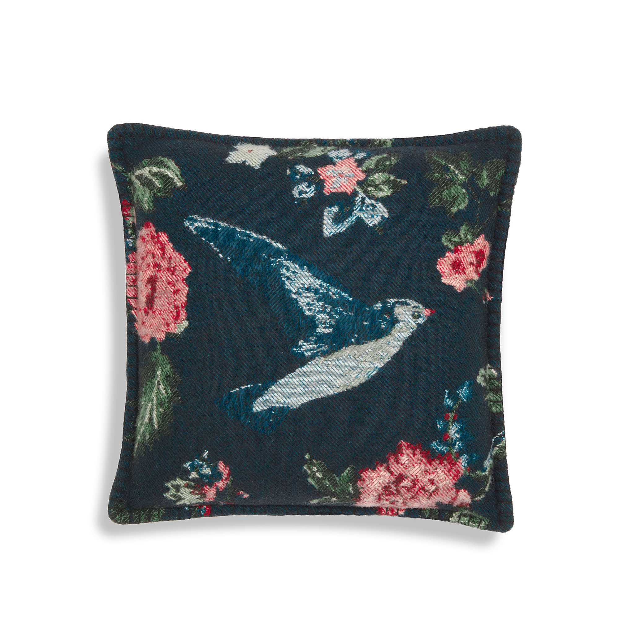 Small Square Pillow Blue Wool and Cashmere Jacquard with Bird and Flower Motif E01