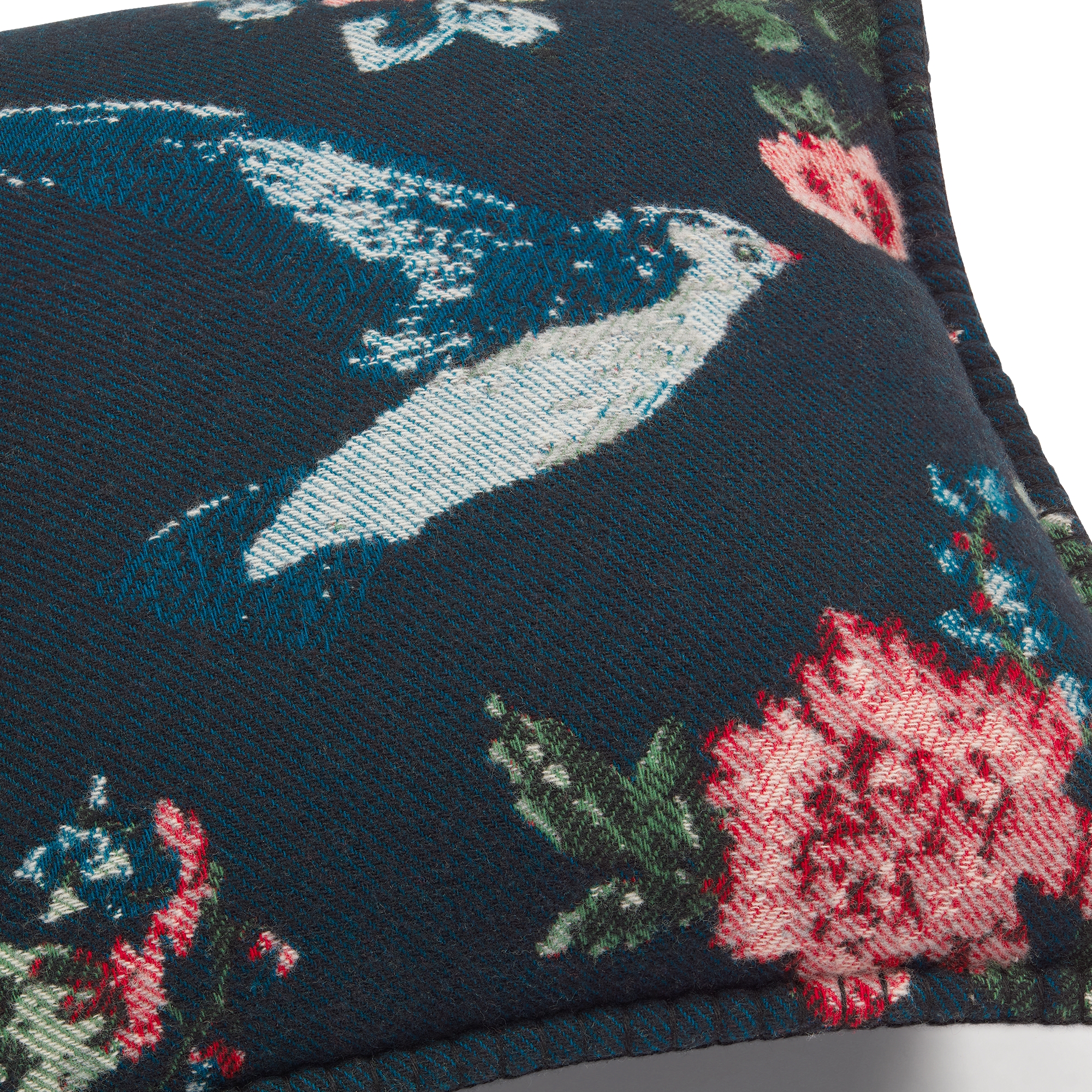 Small Square Pillow Blue Wool and Cashmere Jacquard with Bird and Flower Motif E09