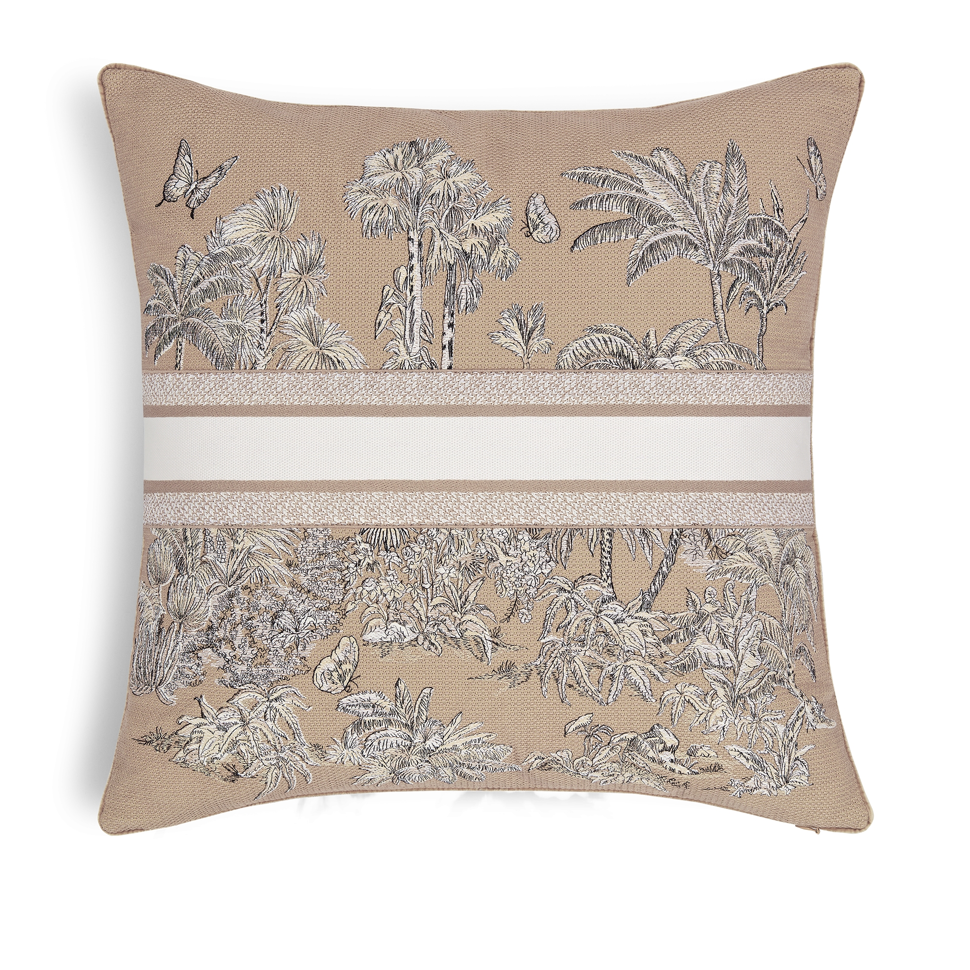 Square Pillow Beige and White Toile de Jouy Palms Embroidered Cotton E08
