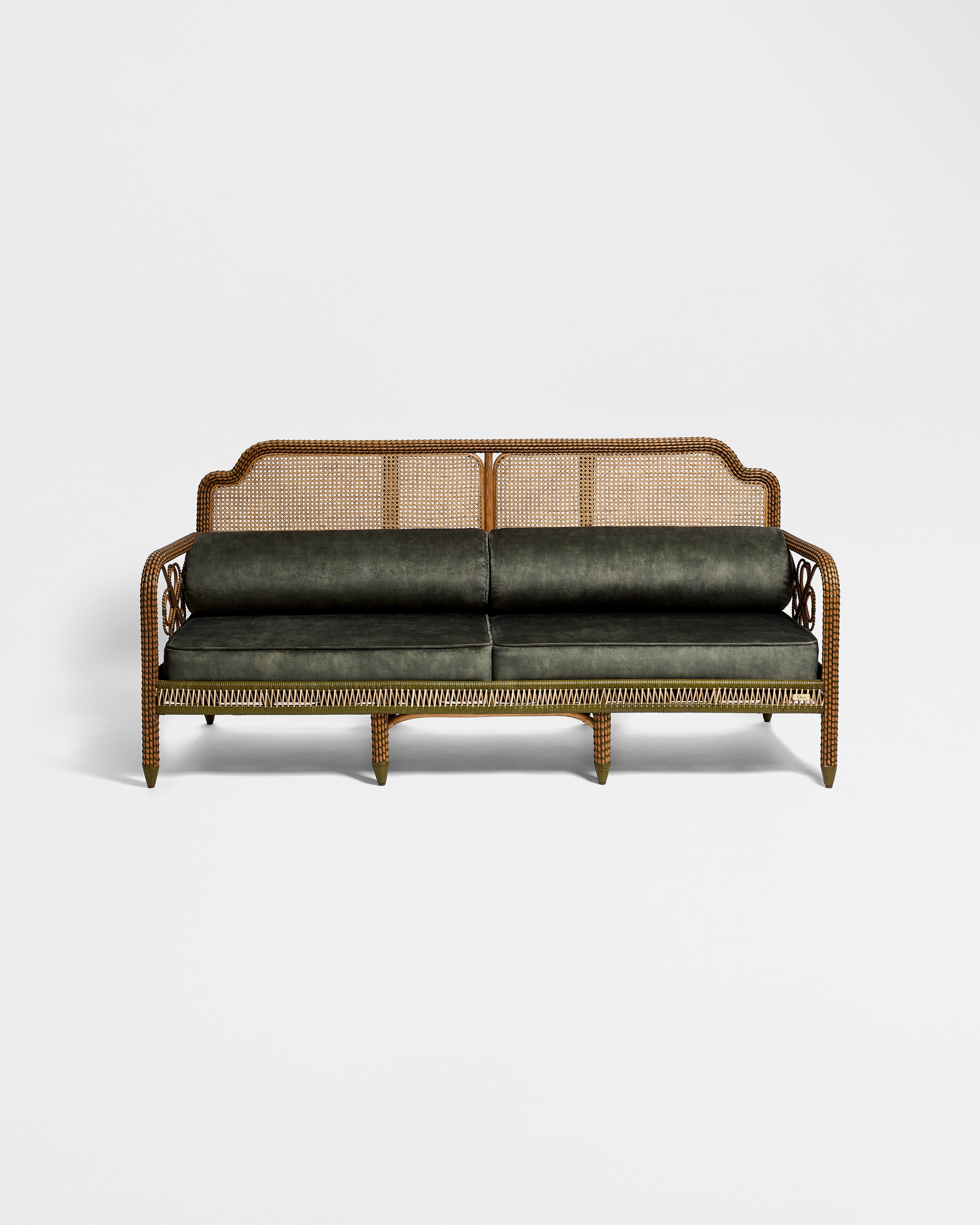 Sofa Natural and Green Rattan and Green Velvet with Cannage and Clover Motifs E01