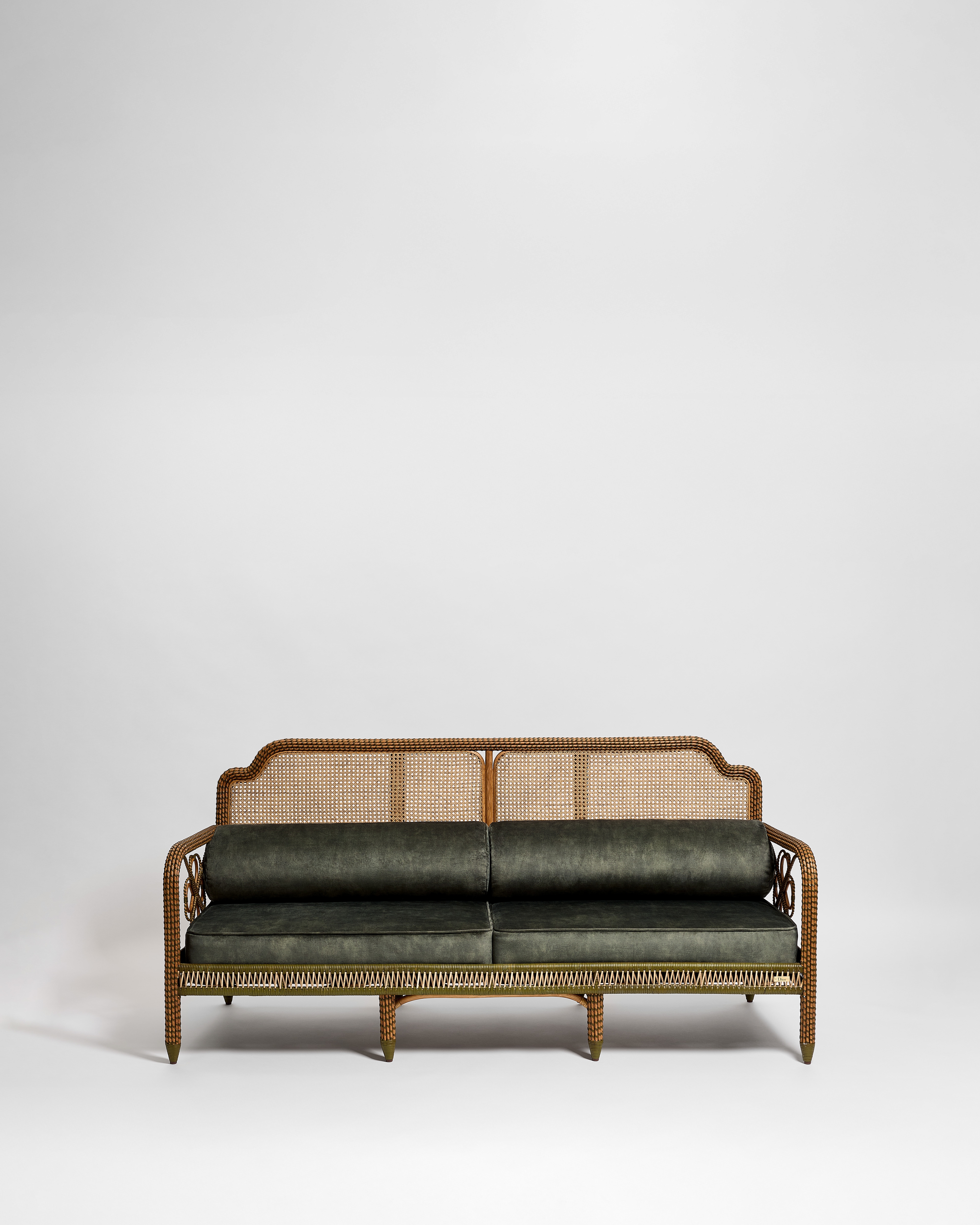 Sofa Natural and Green Rattan and Green Velvet with Cannage and Clover Motifs E01