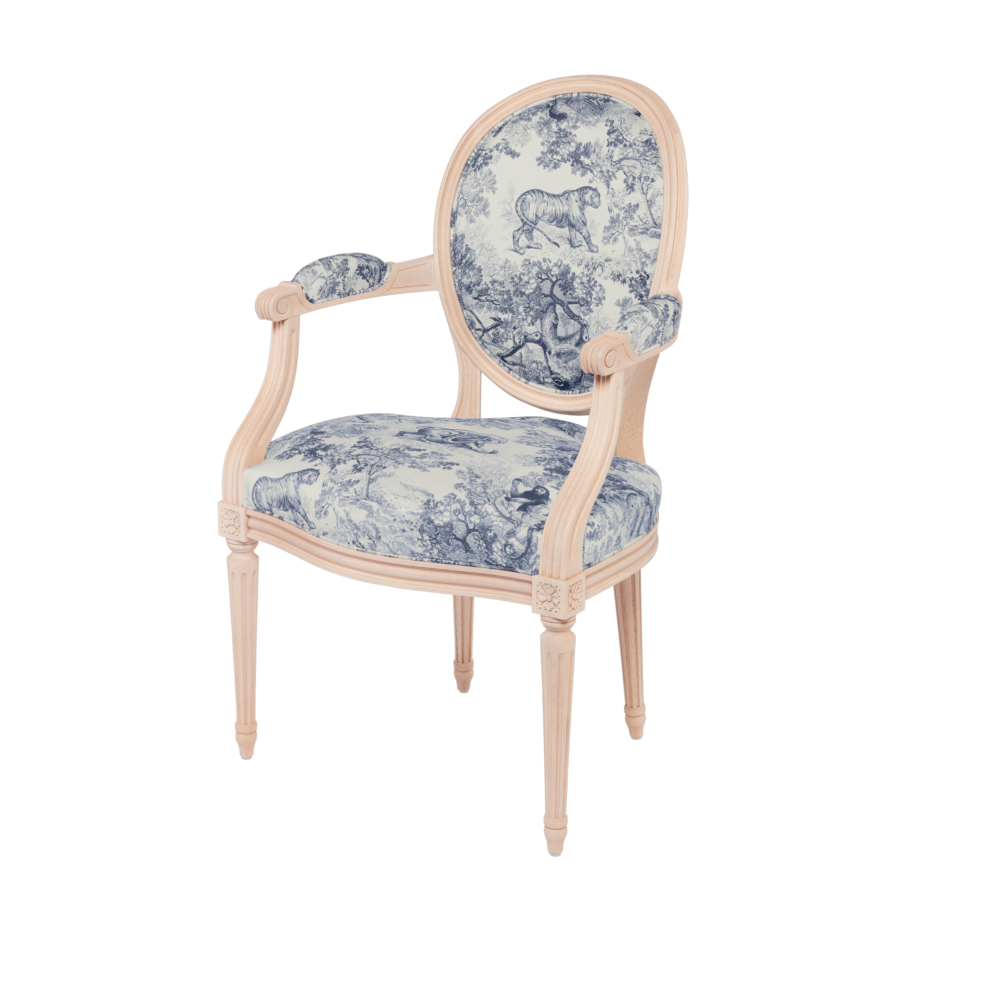 Armstoel Blauw Toile de Jouy, 2 armleuningen E03