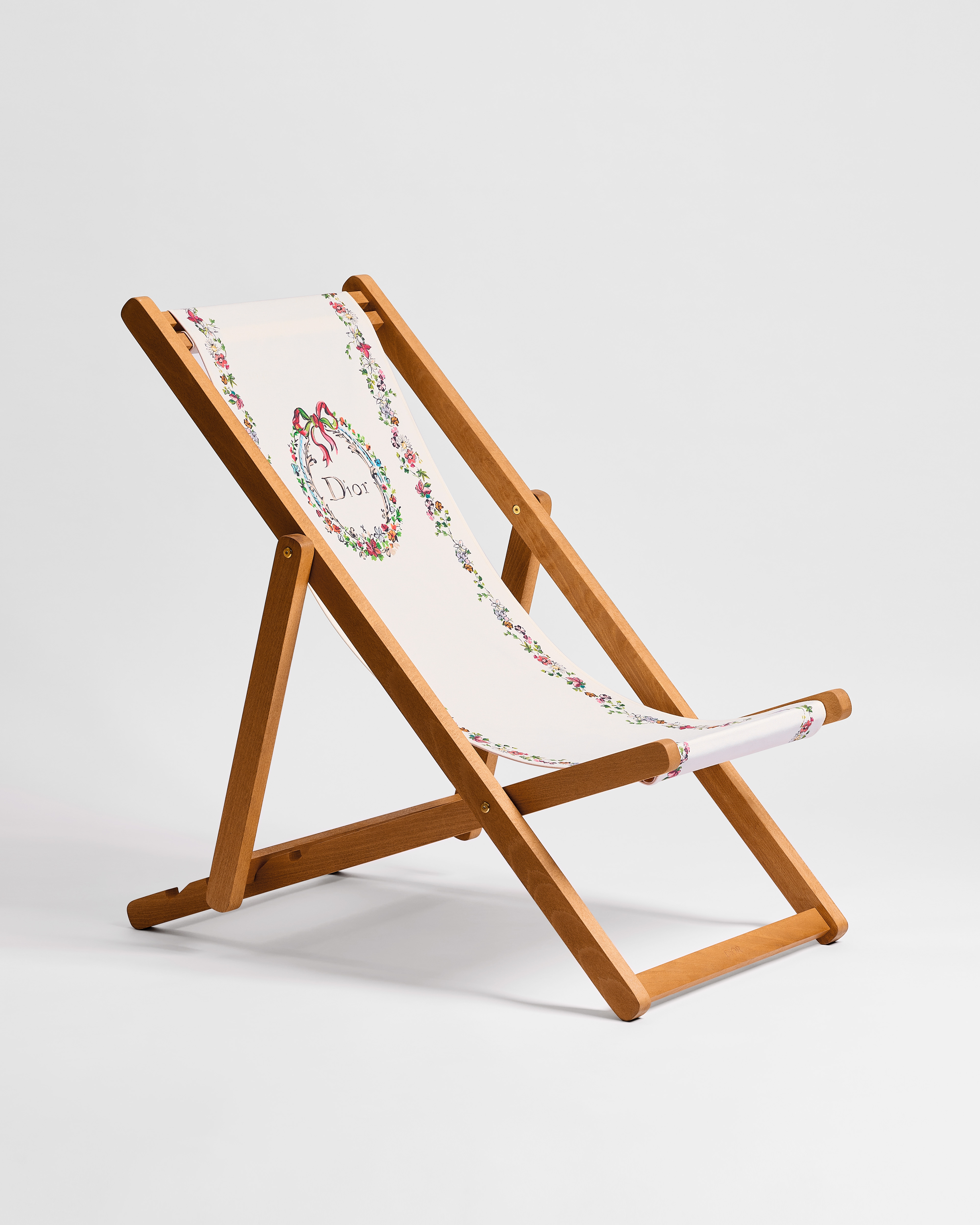 Sun Lounger Beechwood and White Cotton with Multicolor Dior Arabesque Motif E03