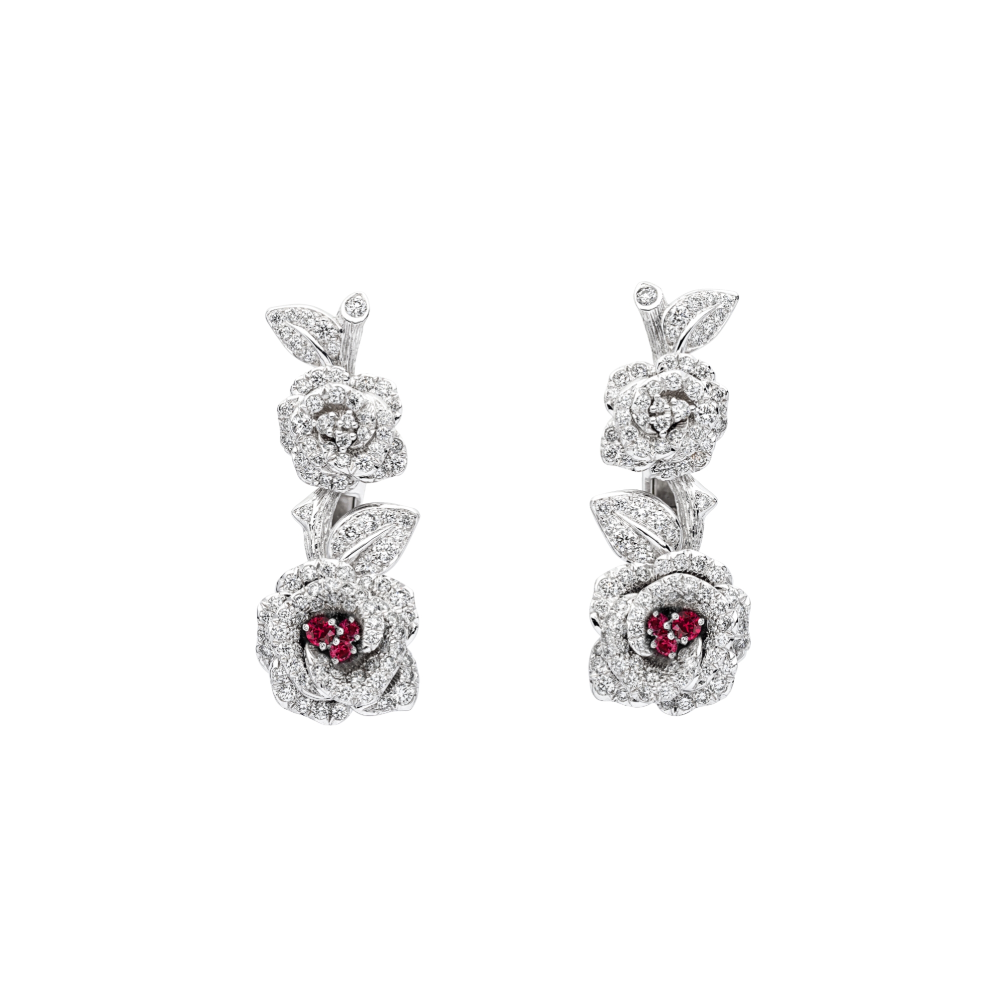 Large Rose Dior Bagatelle Earrings White Gold, Diamonds and Rubies E01