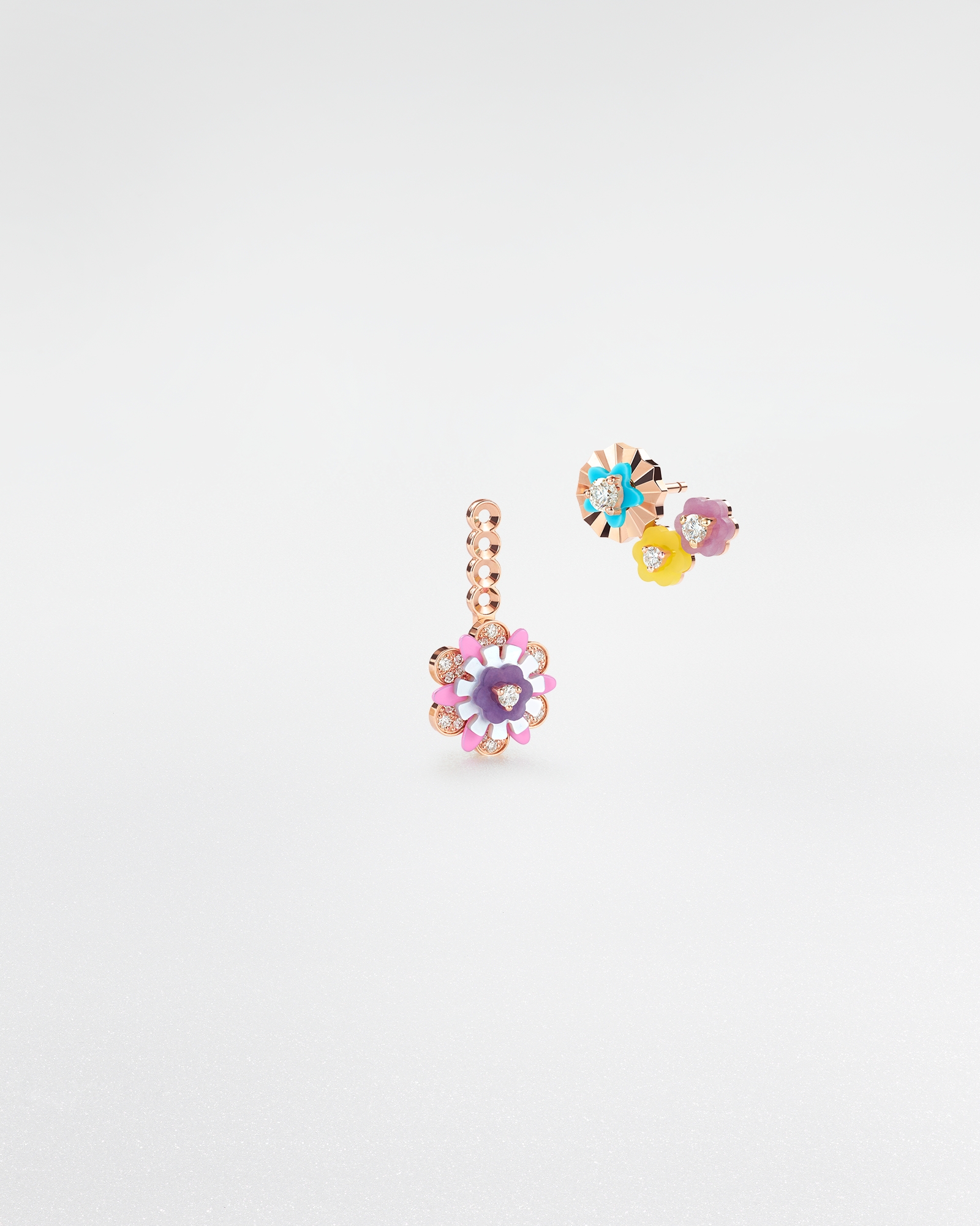 Pendientes Diorigami Oro rosa, diamantes, crisoprasa, turquesa, ágata amarilla, lepidolita, nácar blanco, ópalo rosa y lacado E02