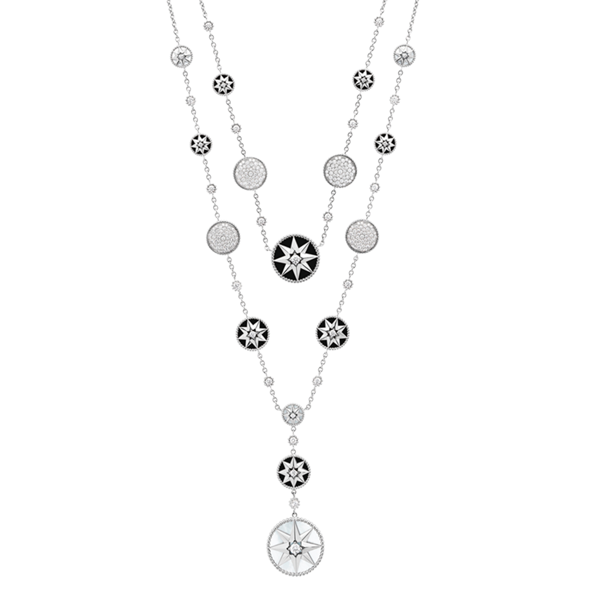 Sautoir Rose des Vents Or blanc, diamants, nacre et onyx E06