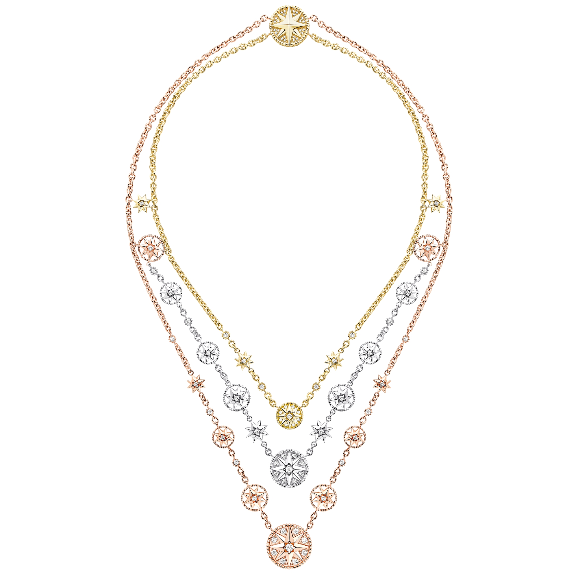 Rose des Vents 和 Étoile des Vents 項鍊 黃金、玫瑰金和白金綴以鑽石 E01