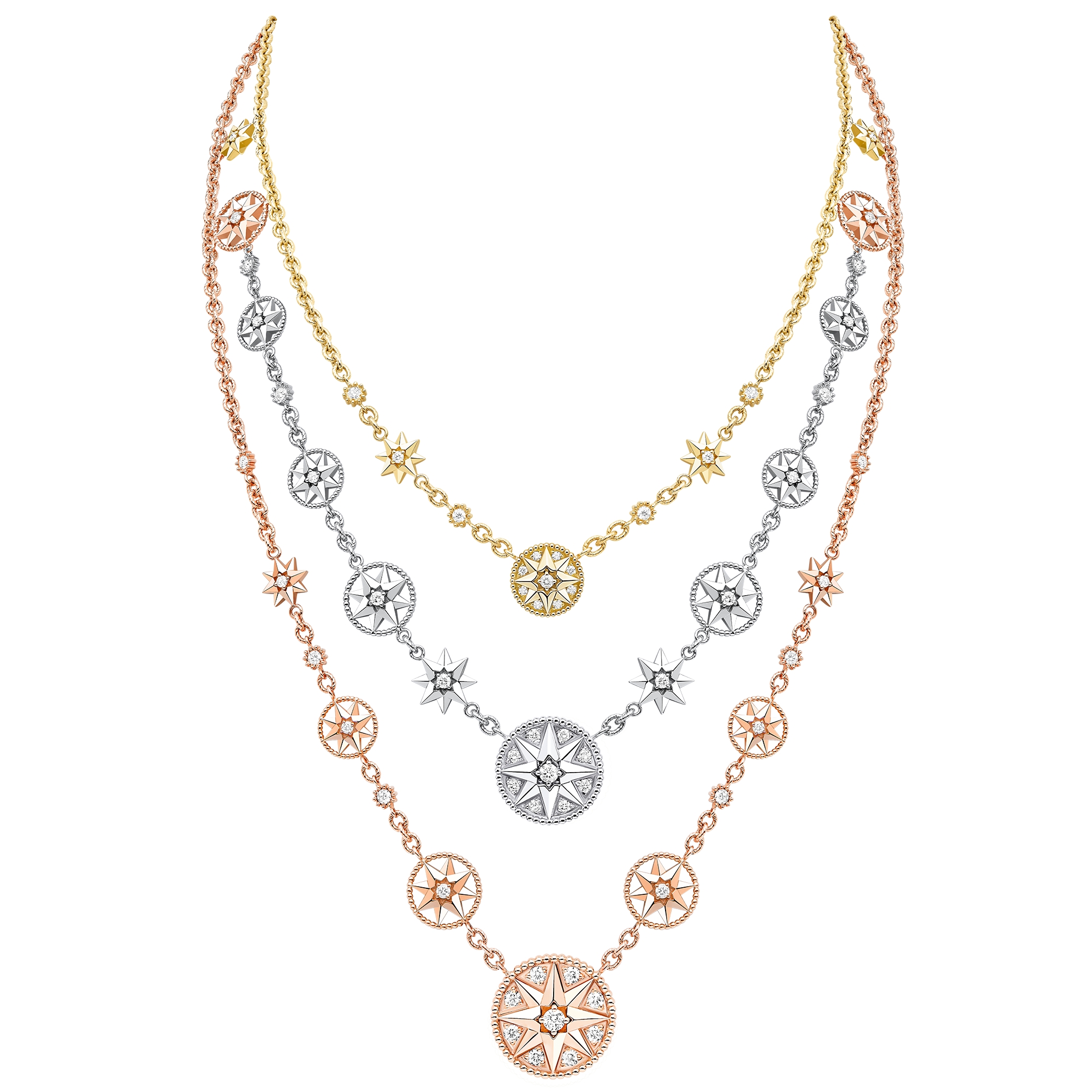Rose des Vents and Étoile des Vents Necklace Yellow, Pink and White Gold with Diamonds E02