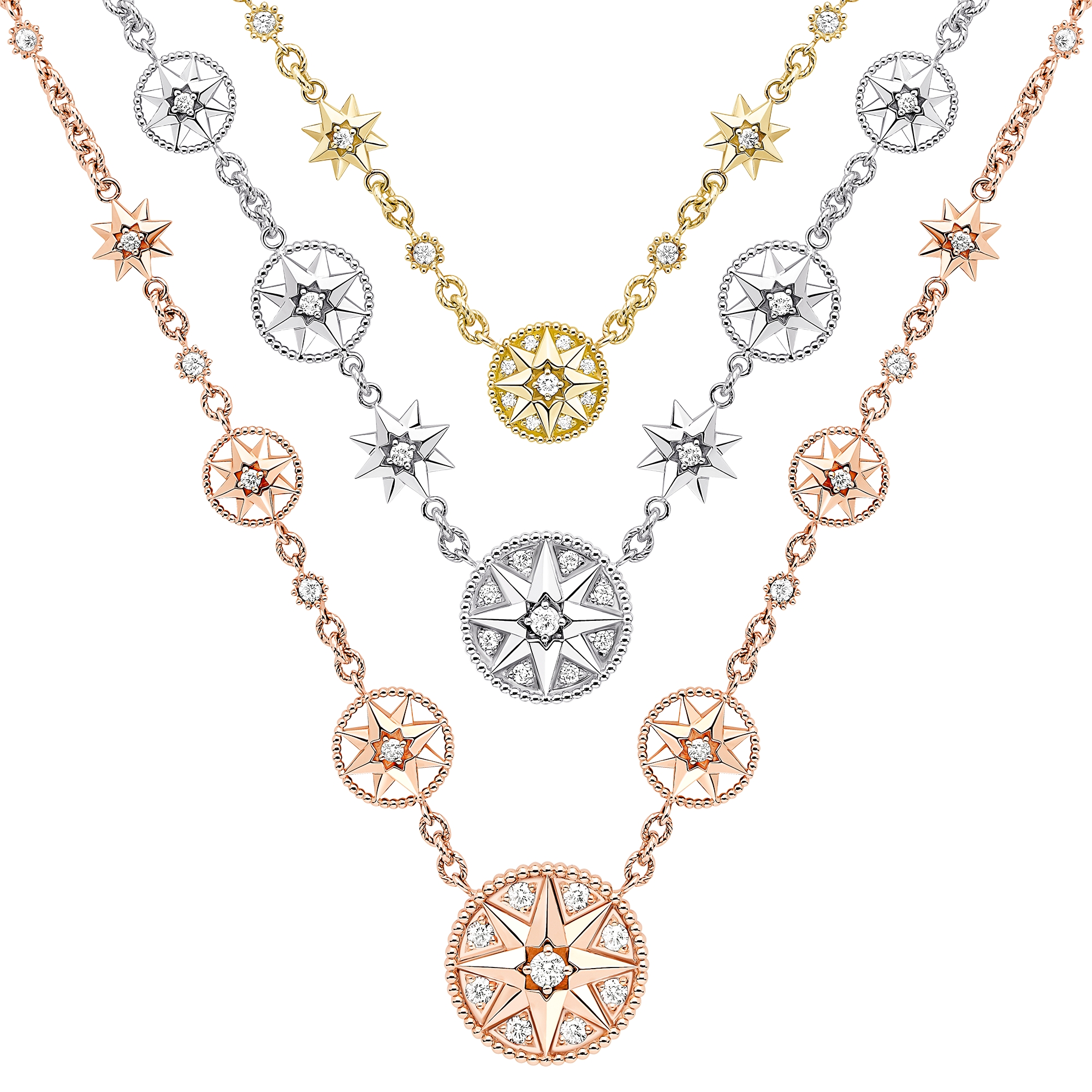 Rose des Vents and Étoile des Vents Necklace Yellow, Pink and White Gold with Diamonds E06