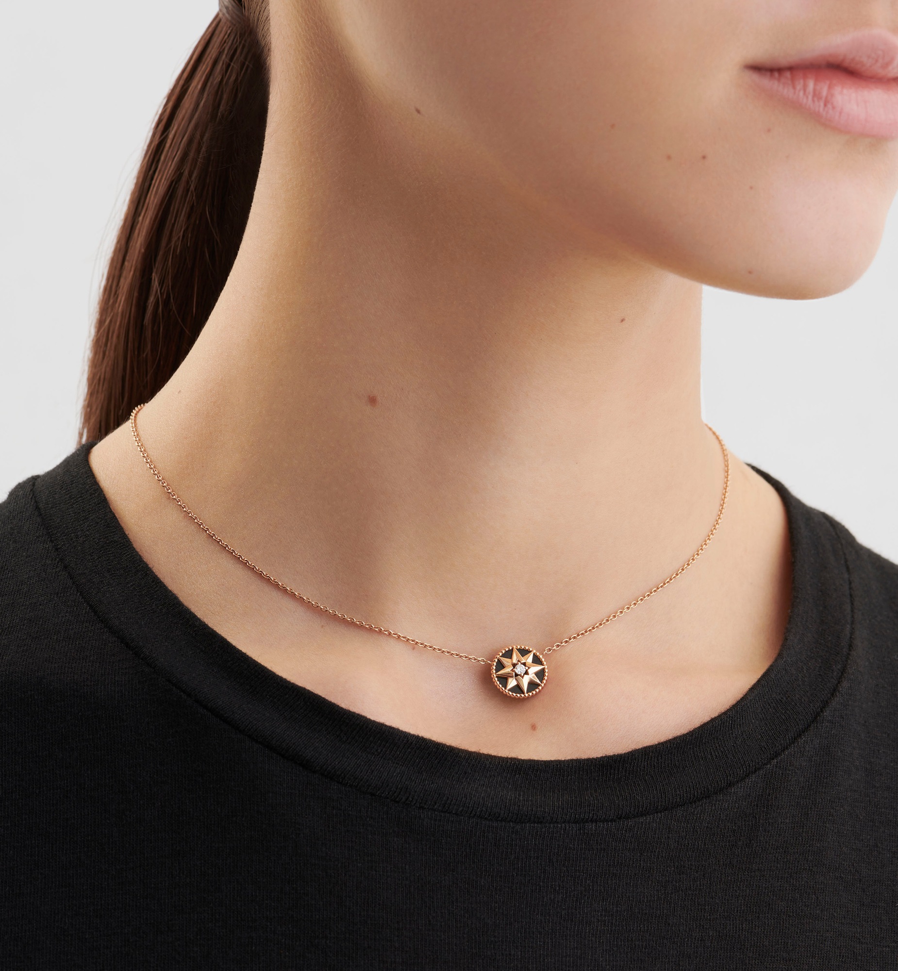 DIOR Rose Des Vents Necklace Pink Gold Diamond And Onyx Women Jewelry