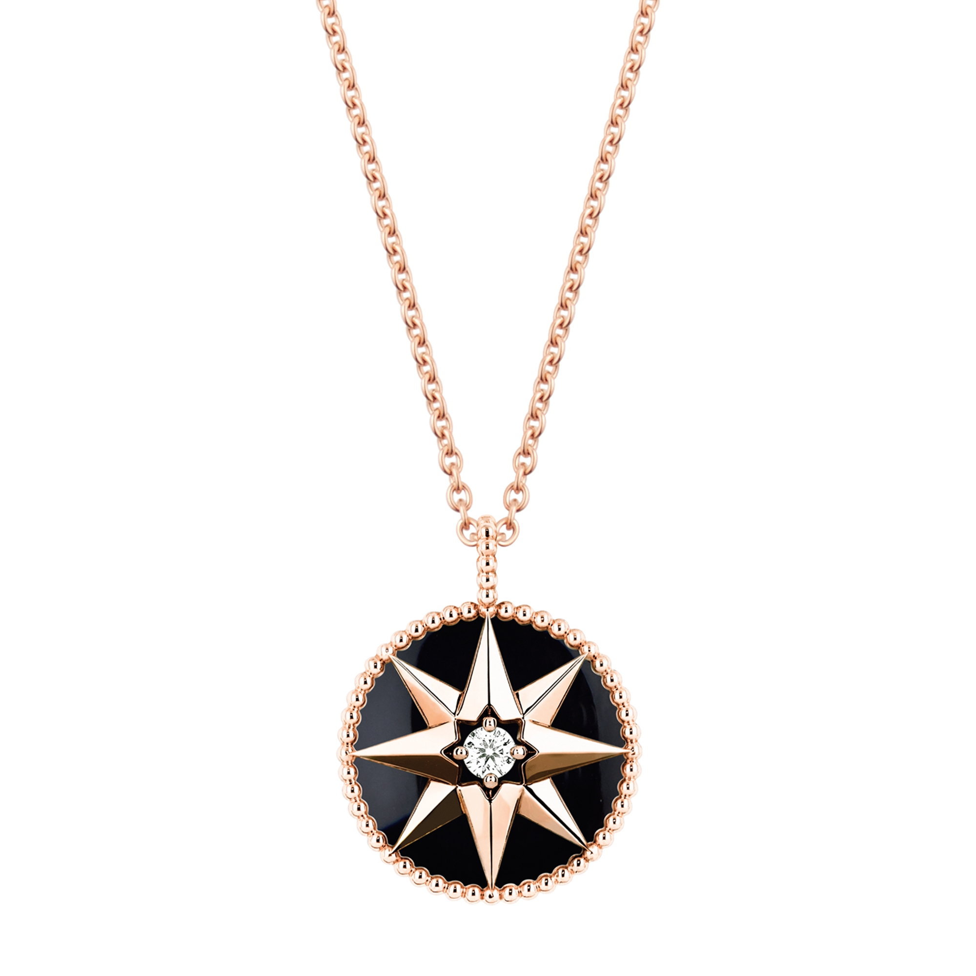 Rose Celeste Medallion Necklace Yellow and White Gold Diamond Mother of Pearl and Onyx DIOR