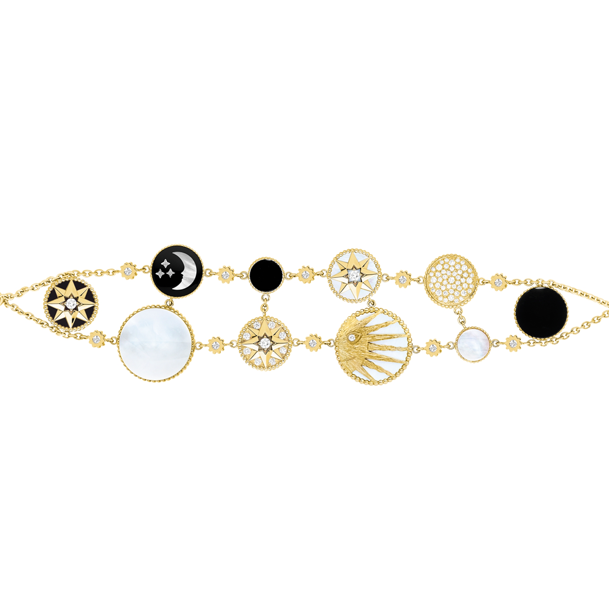 Rose des Vents 和 Rose Céleste 手鏈 黃金和 18K 白金、鑽石、珍珠母和縞瑪瑙 E09