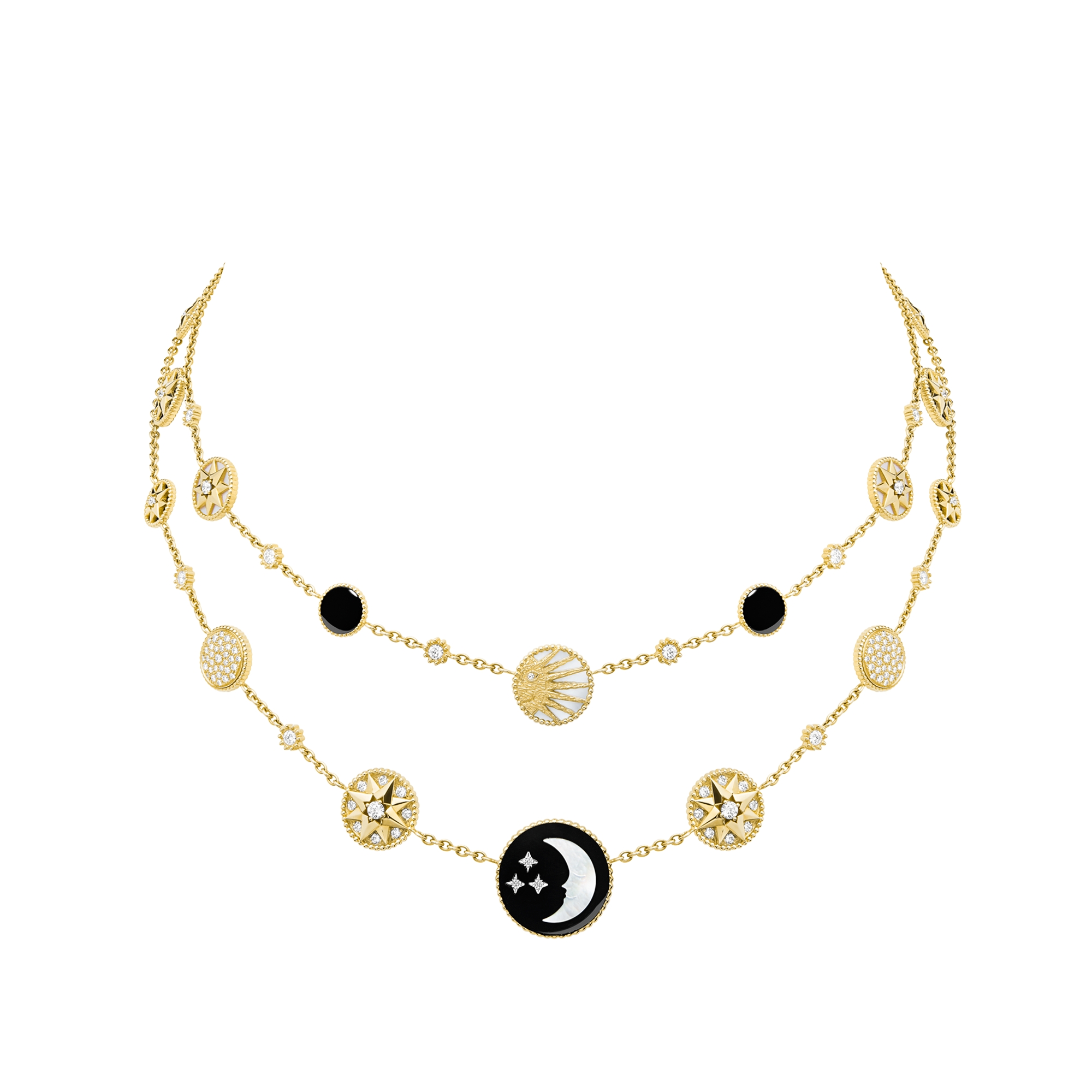 Rose des Vents 和 Rose Céleste 頸鏈 黃金和 18K 白金、鑽石、珍珠母和縞瑪瑙 E03