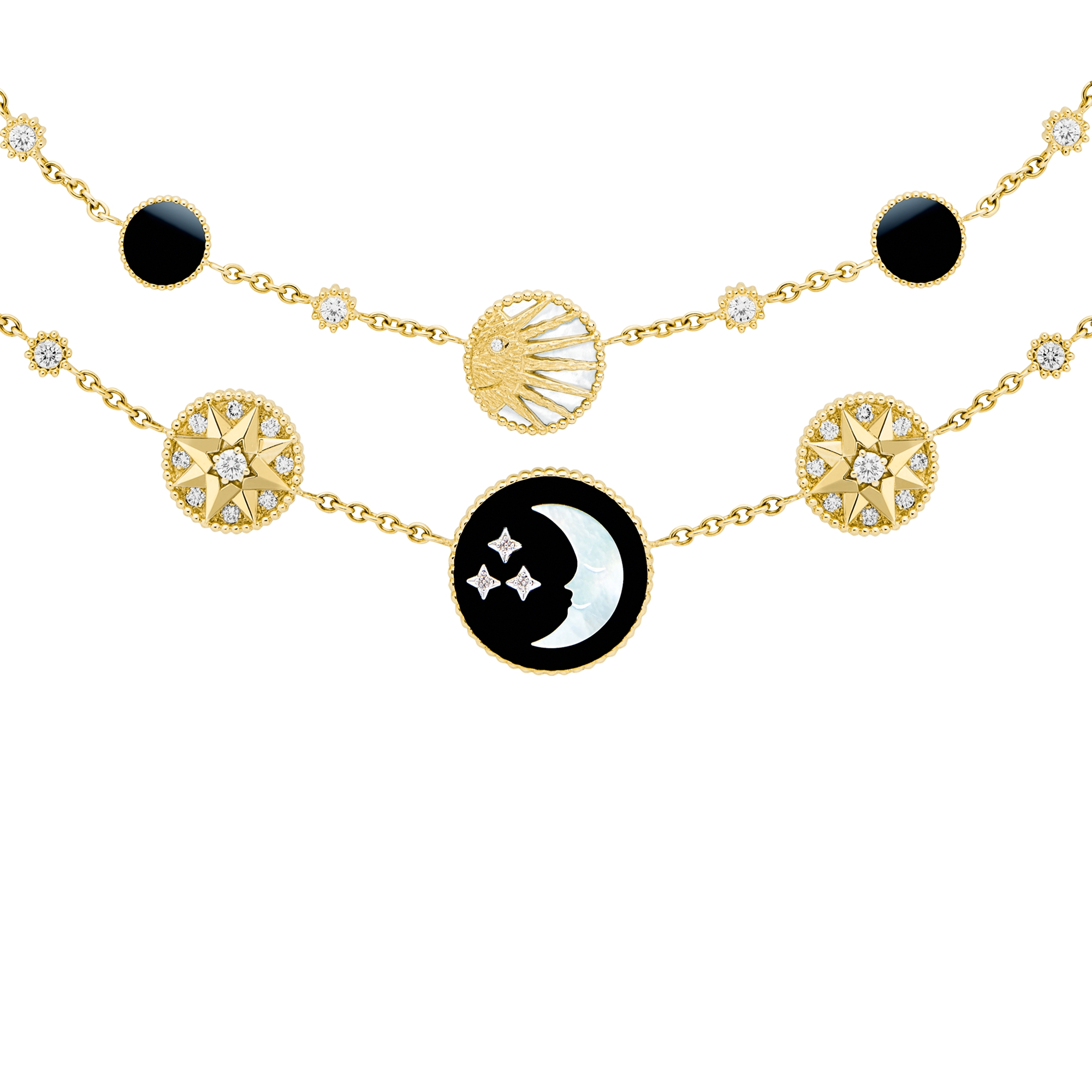 Rose des Vents und Rose Céleste Halskette Gelb- und Weißgold, Diamanten, Perlmutt und Onyx E06