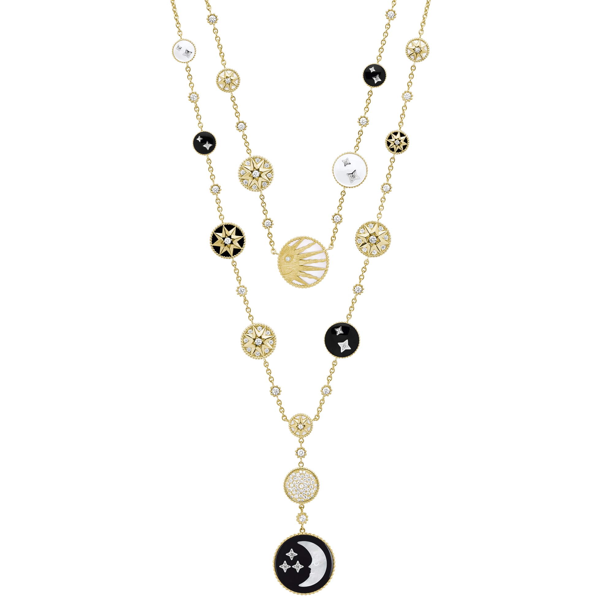 Rose Des Vents and Rose Celeste Long Necklace Yellow Gold Platinum Diamonds Mother of Pearl and Onyx DIOR