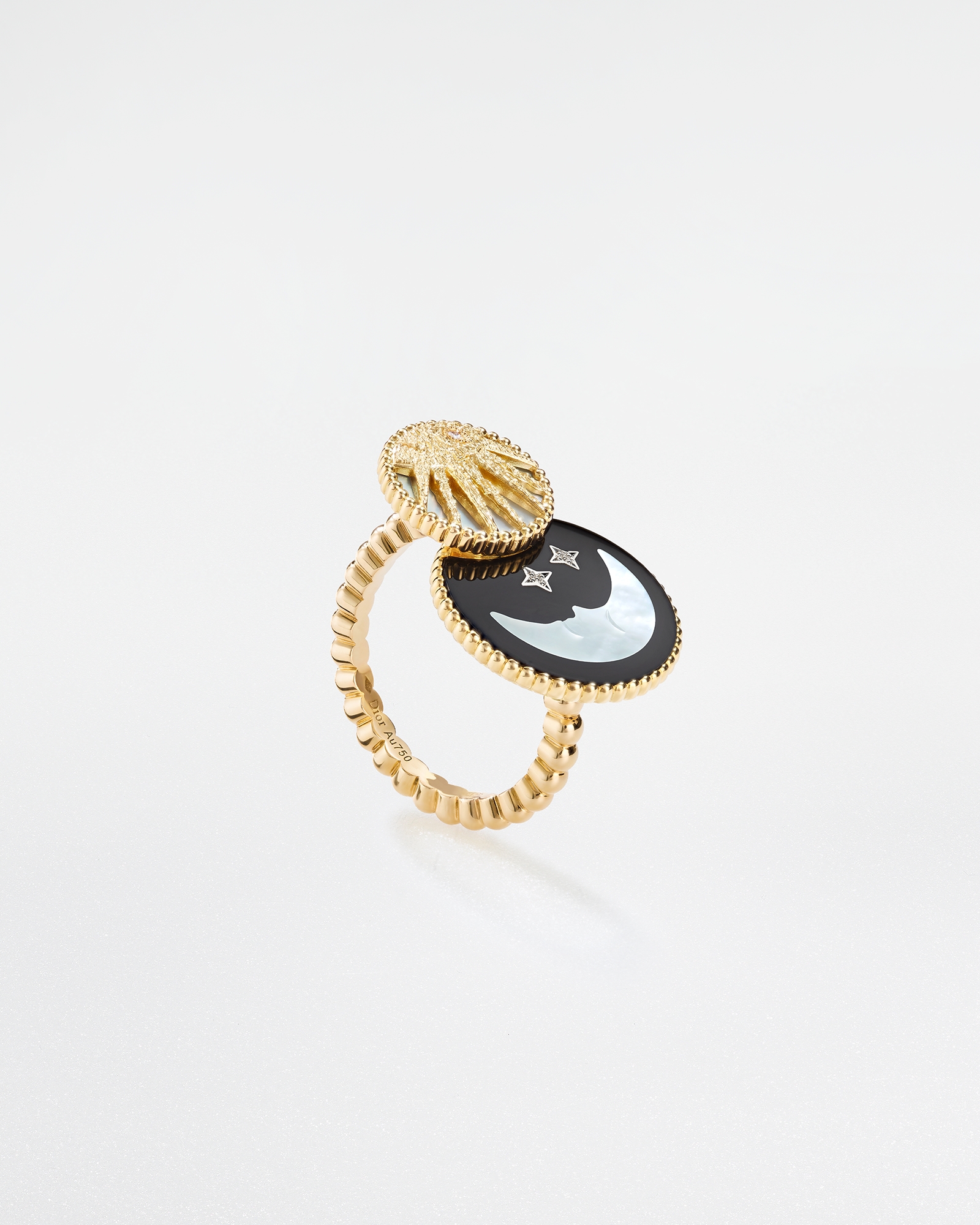 Rose Céleste Ring Gelbgold, Platin, Diamant, Perlmutt und Onyx E02