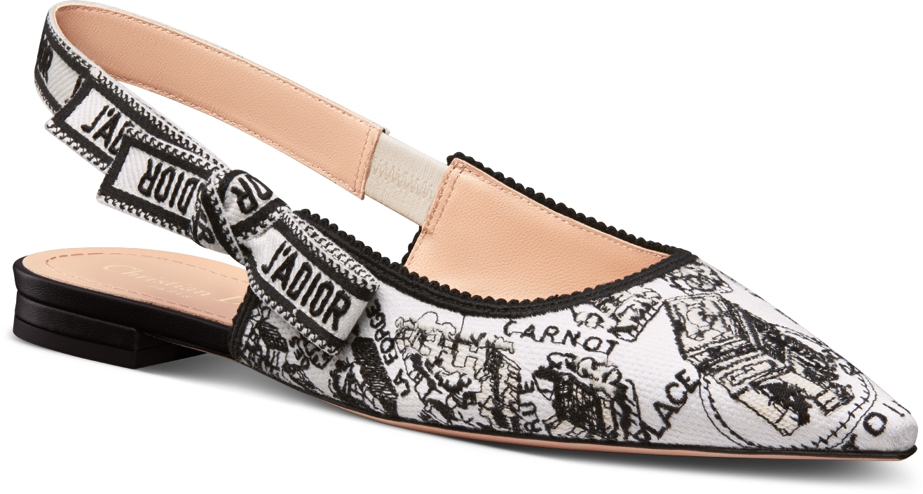 J Adior Slingback Flat White and Black Cotton Embroidered with Plan de Paris Motif DIOR