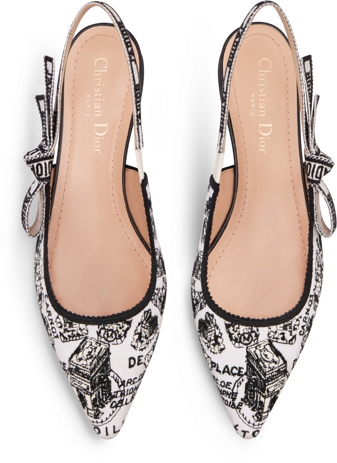 DIOR J Adior Slingback Flat White And Black Cotton Embroidered With Plan De Paris Motif Size 38.5 Women