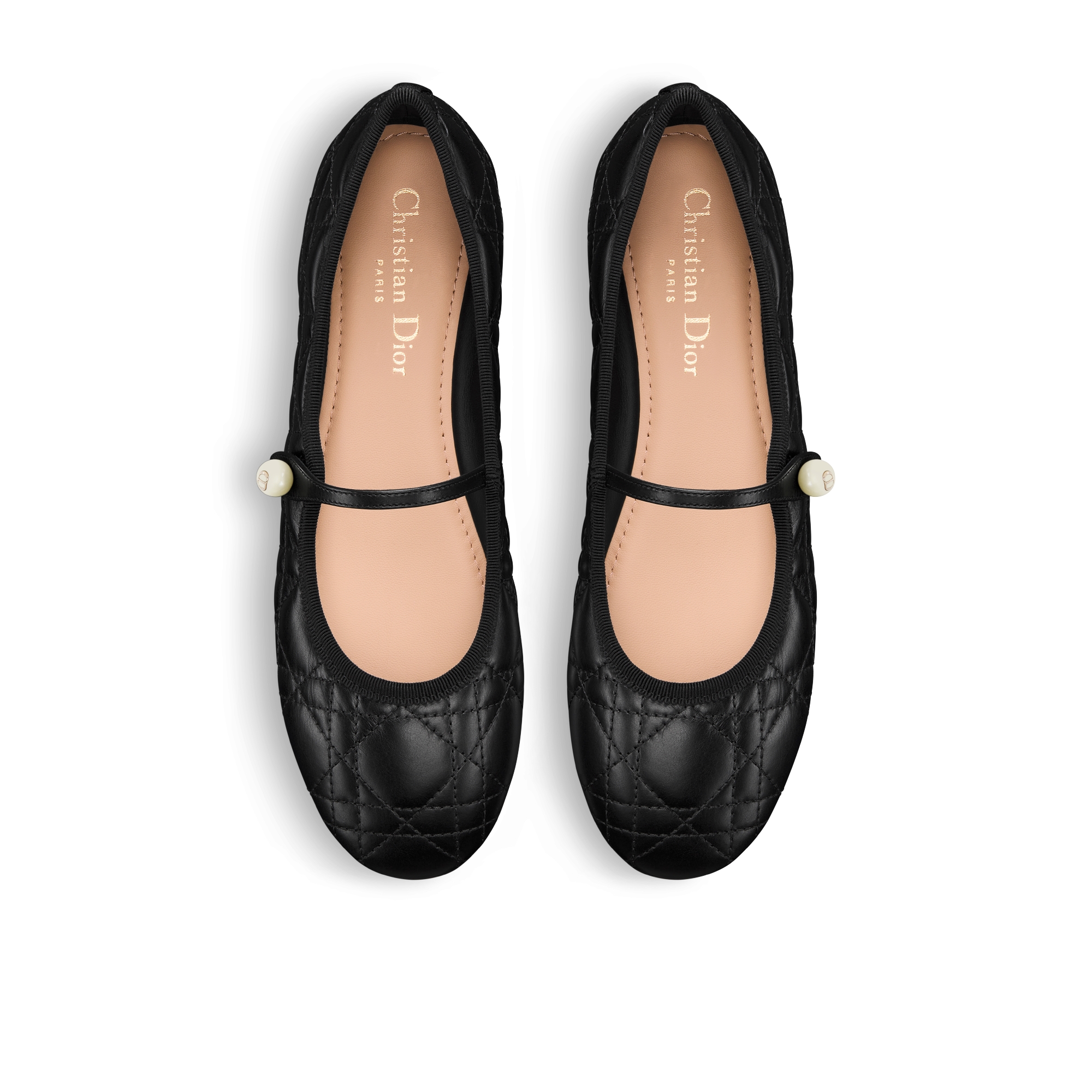 รองเท้าส้นแบน Dior Ballet หนังลูกวัวลาย Cannage แบบควิลท์สีดำ E06