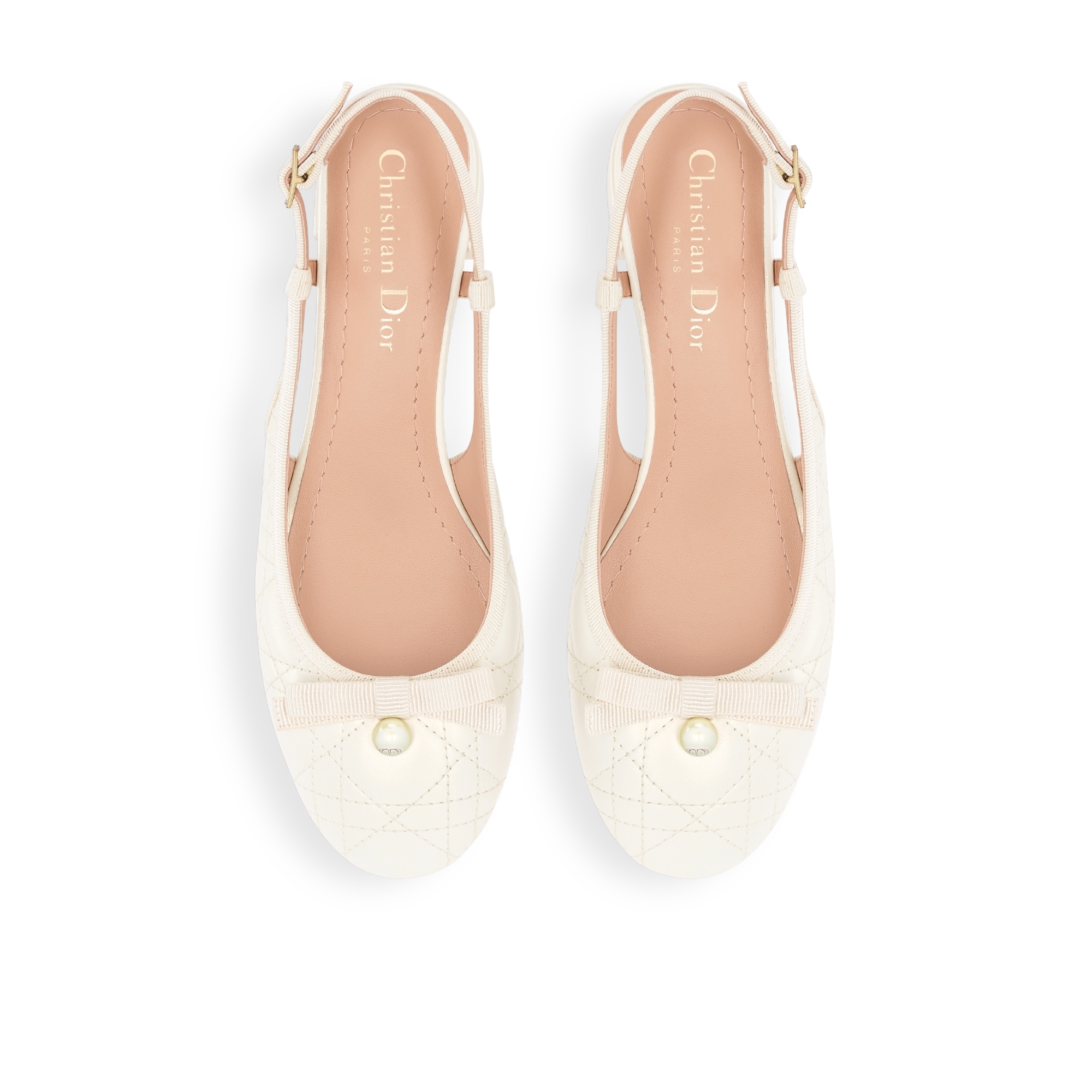 Dior Ballet-slingback ballerina Parelmoerglanzend wit lamsleer met Cannage-motief E06