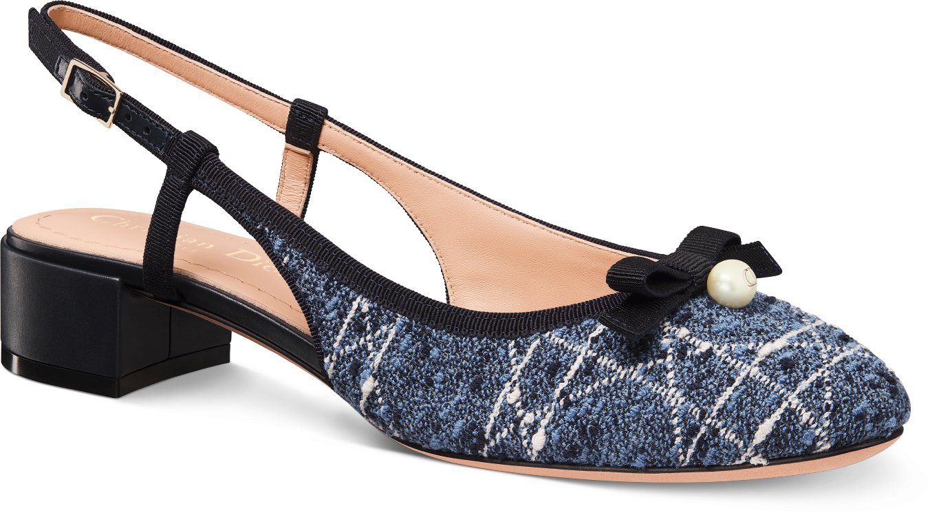 HIGH SLINGBACK IN NAVY BLUE TWEED AND BLACK LAMBSKIN