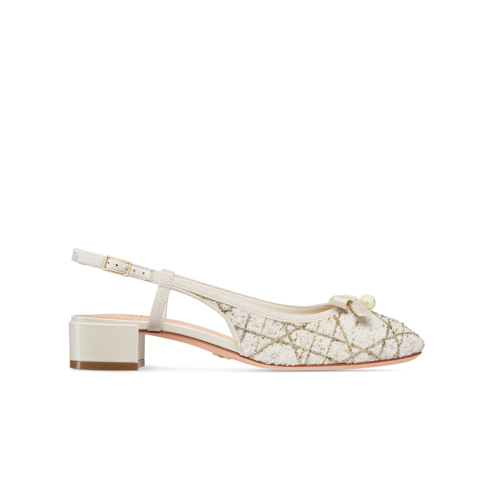 Dior Ballet Slingback Pump White Cannage Tweed and Gold-Tone Metallic Thread E02