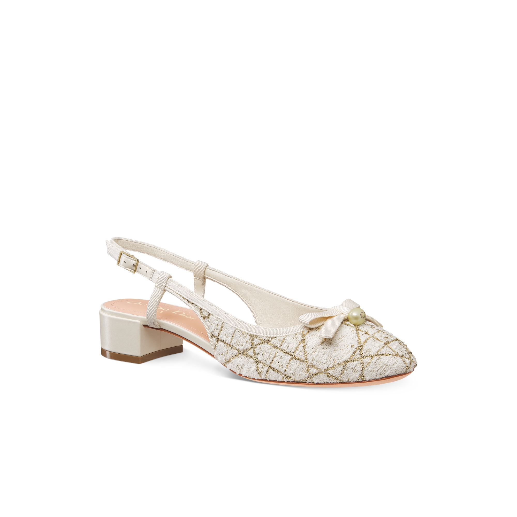Dior Ballet-slingback ballerina Wit tweed met Cannage-motief en goudkleurige metallic draad E03