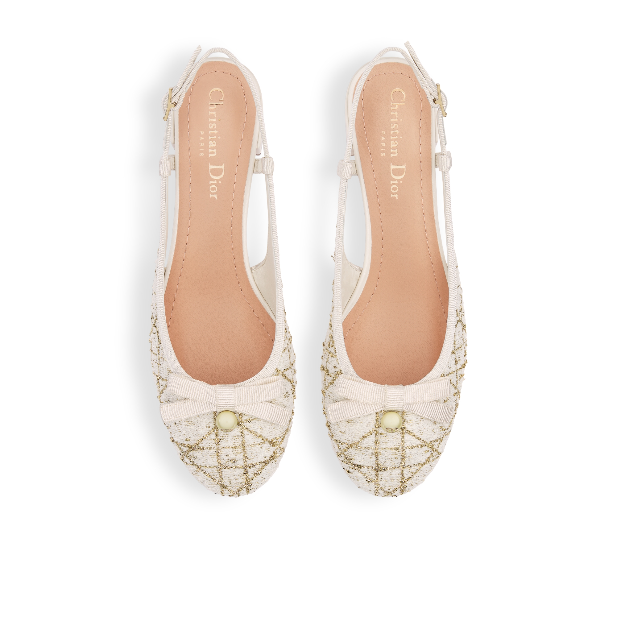 Dior Ballet-slingback ballerina Wit tweed met Cannage-motief en goudkleurige metallic draad E06