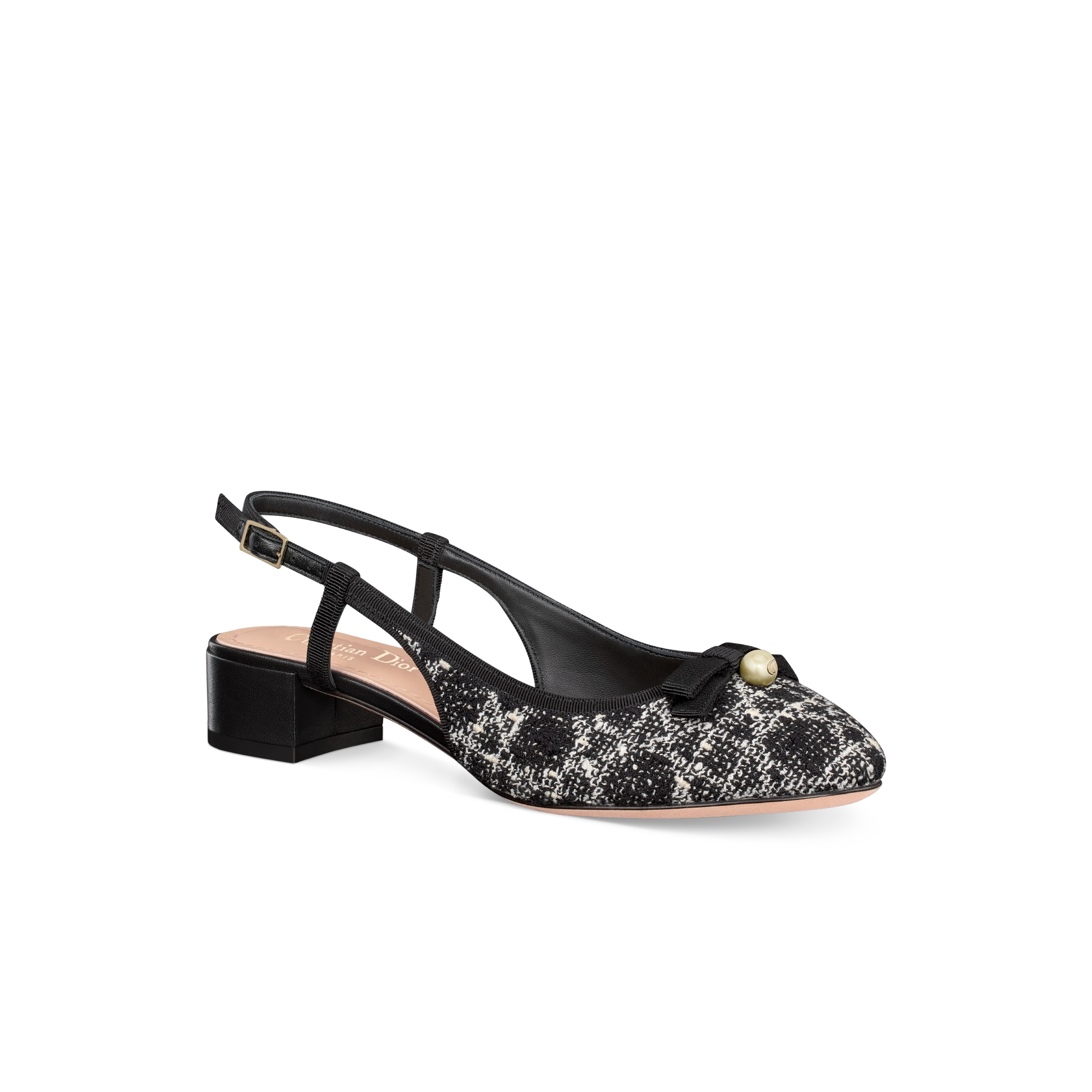 Dior Ballet-slingback ballerina Zwart tweed met wit Microcannage-motief E03