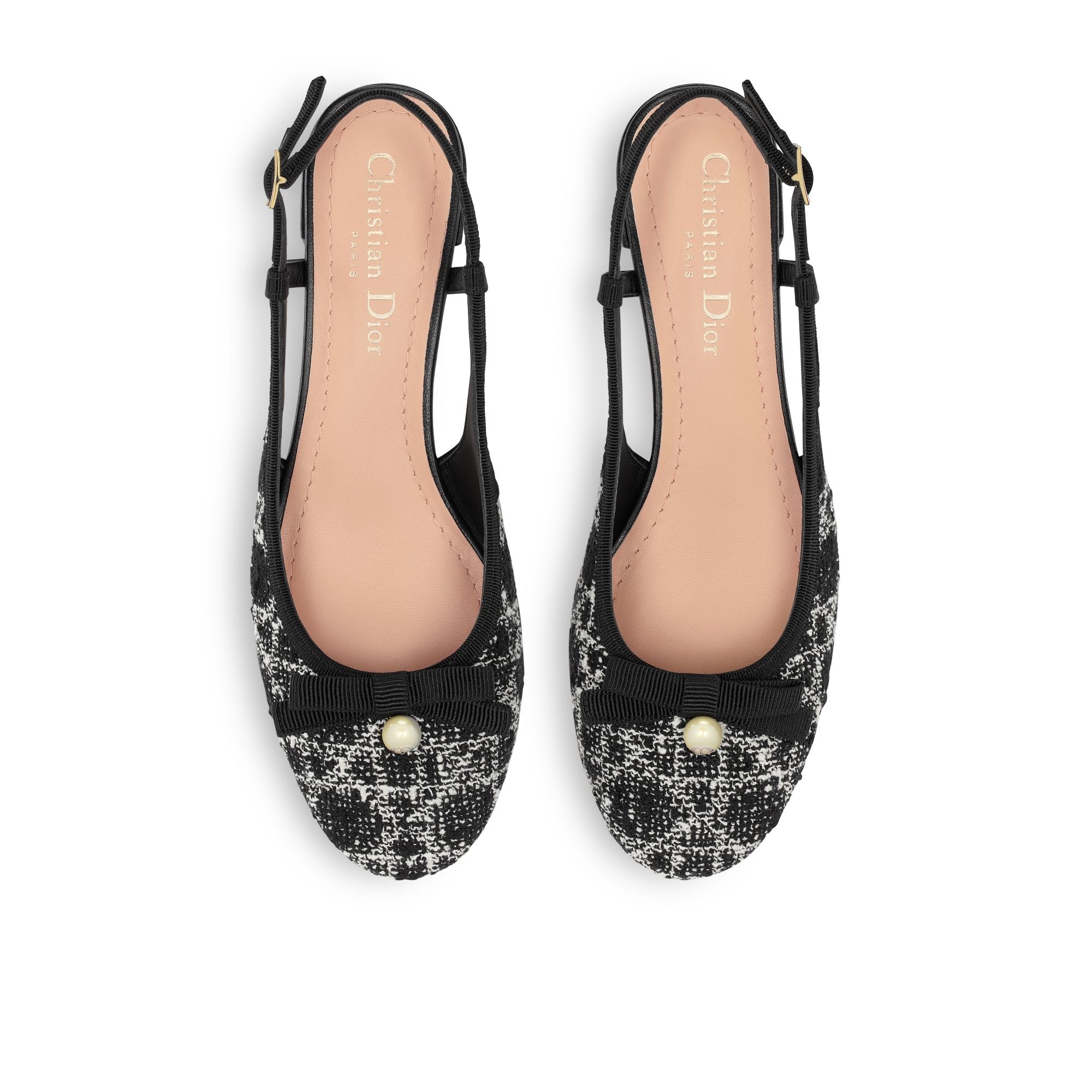 Dior Ballet-slingback ballerina Zwart tweed met wit Microcannage-motief E06