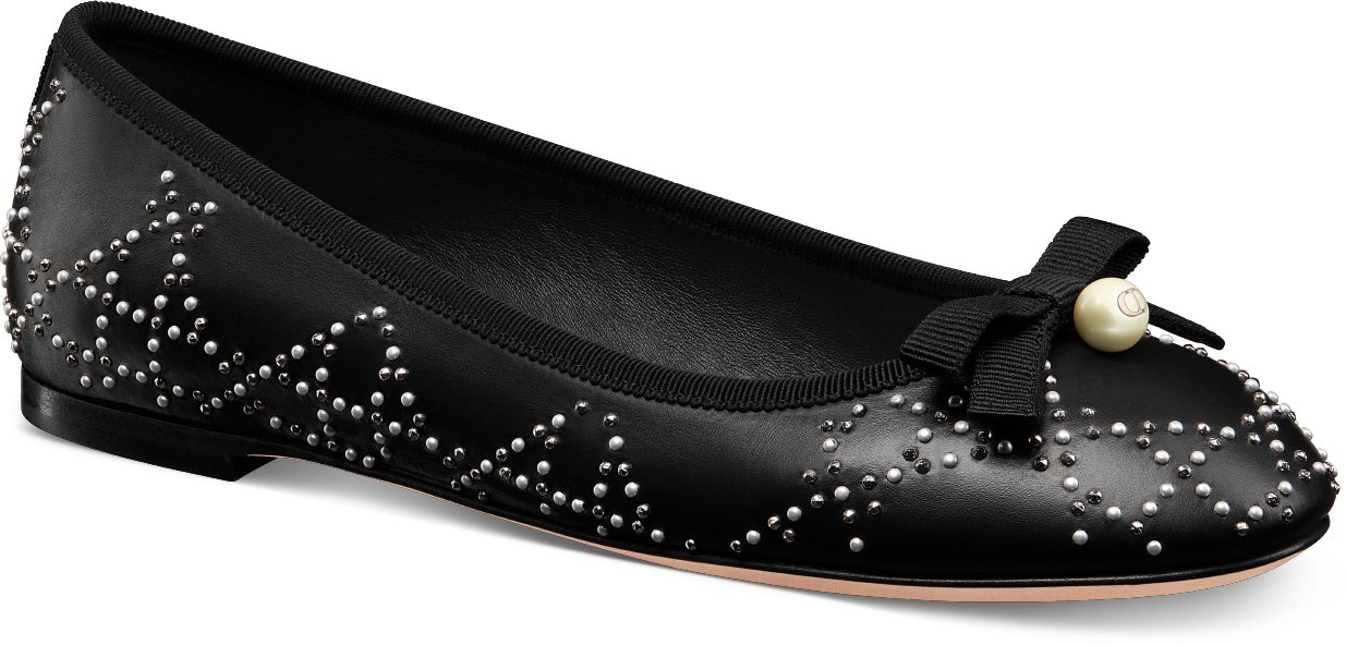 Dior Ballet Flat Black Calfskin with Cannage Motif in Silver Finish Studs and White Resin Pearls DIOR