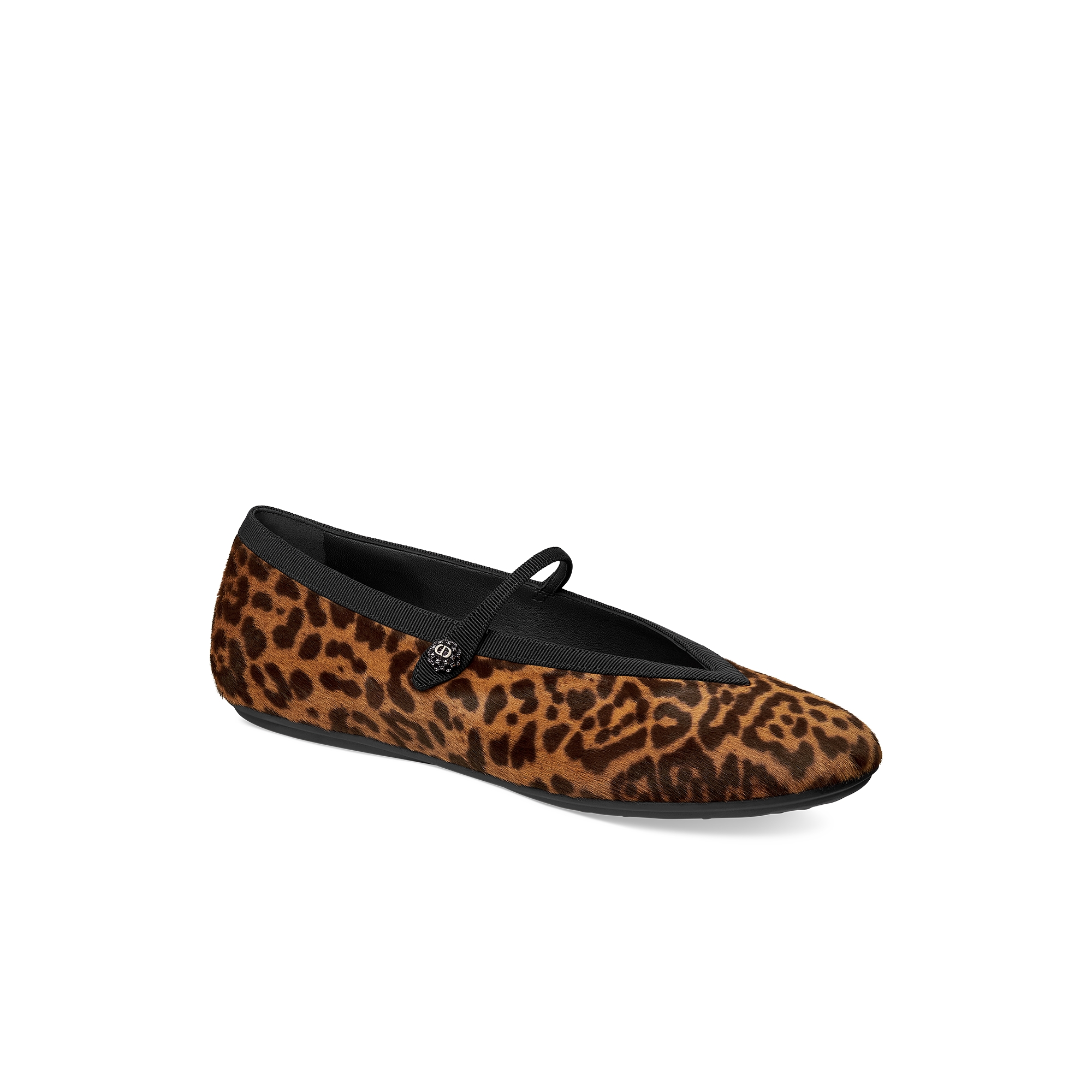 Dior New Ballet Flat Brown Pony-Hair Calfskin with Leopard Motif and Black Grosgrain E03