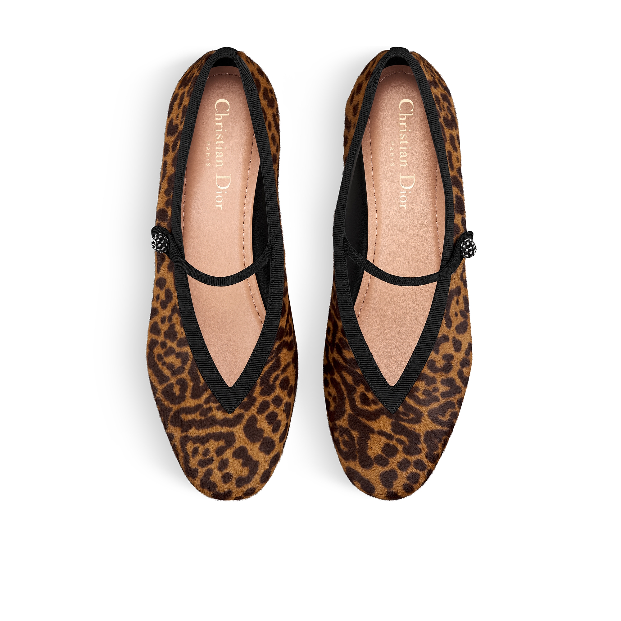 Dior New Ballet Flat Brown Pony-Hair Calfskin with Leopard Motif and Black Grosgrain E06