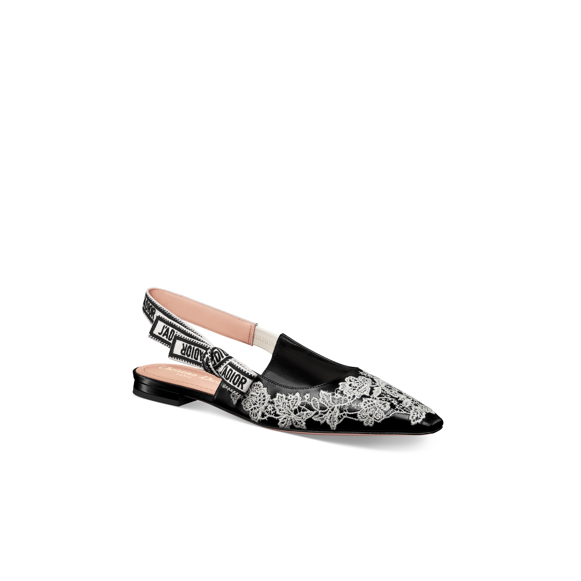 J'Adior Slingback Flat Black Calfskin Embroidered with White Roses
