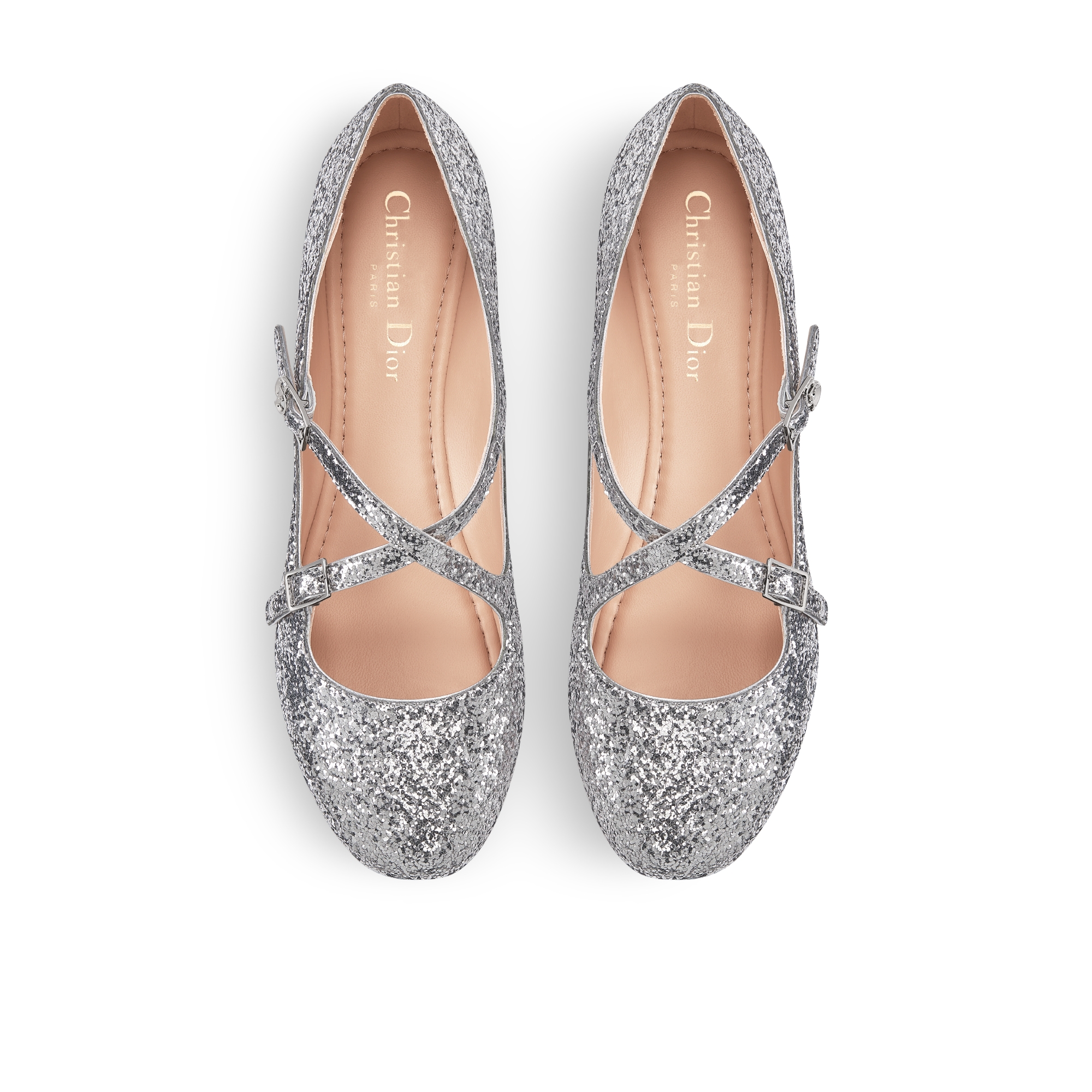 Very Dior Ballet Flat Silver-Tone Laminated Lambskin and Glitter E06