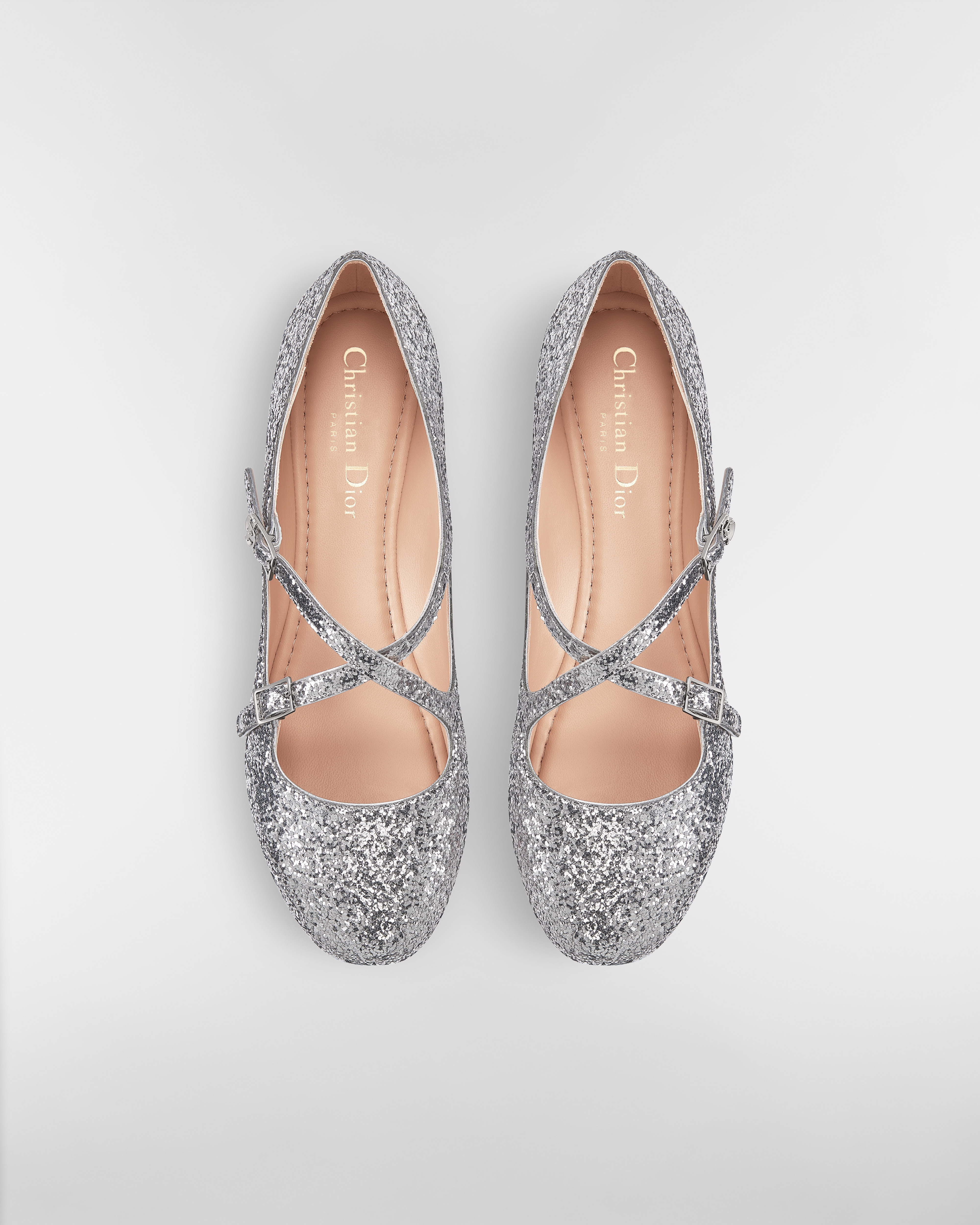 Very Dior-ballerina Zilverkleurig gelamineerd lamsleer en glitter E06