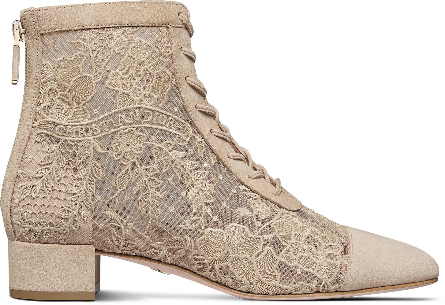 Naughtily D Heeled Ankle Boot Transparent Mesh with Black Dior Roses Embroidery and Suede Goatskin DIOR