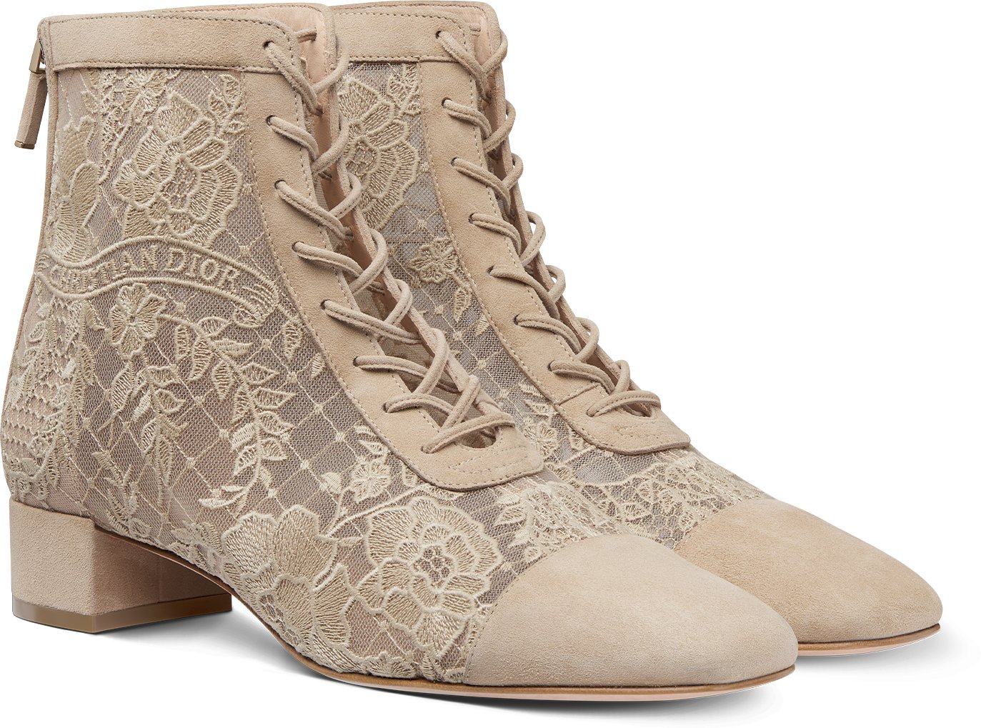 Naughtily D Heeled Ankle Boot Transparent Mesh with Black Dior Roses Embroidery and Suede Goatskin DIOR