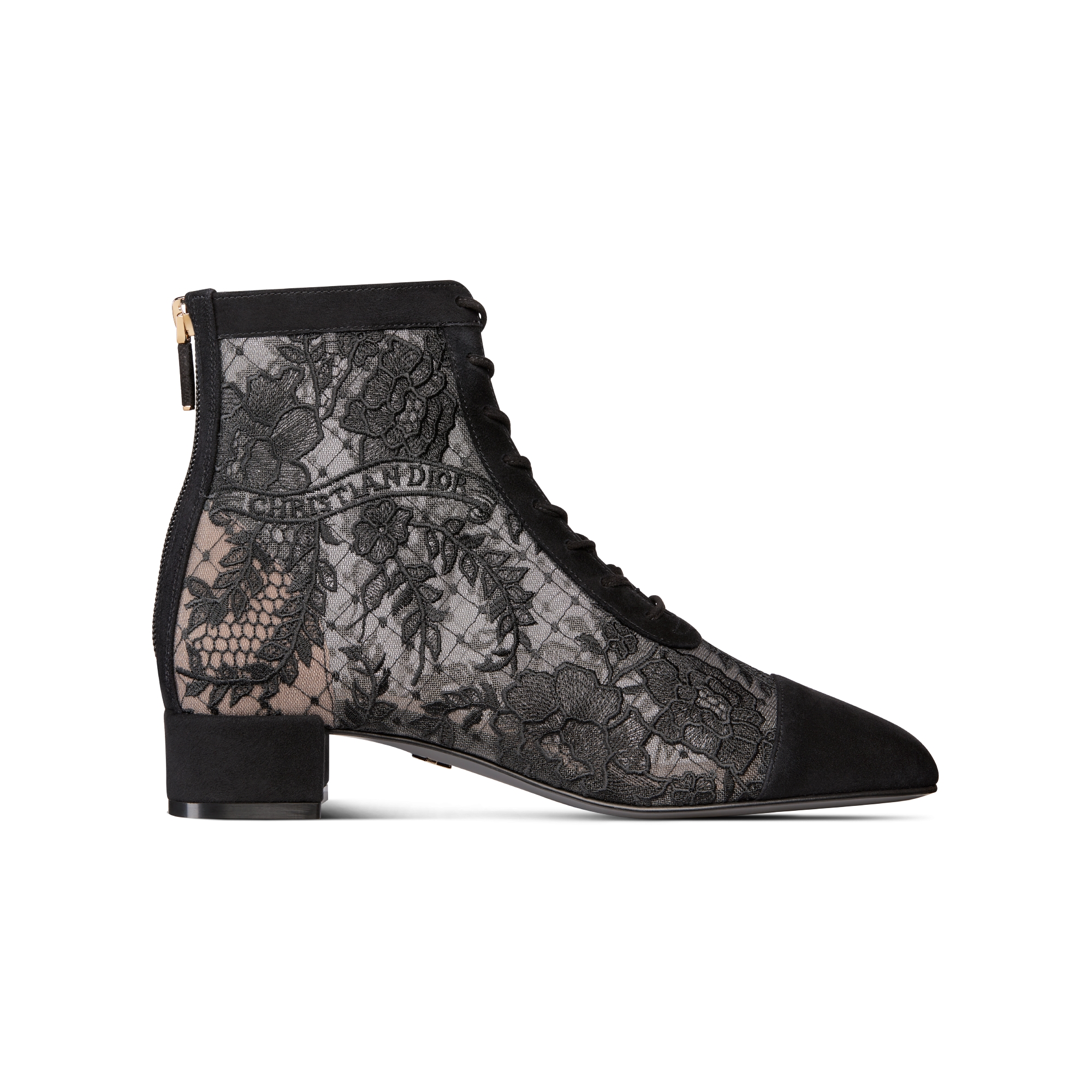 Naughtily-D Heeled Ankle Boot Transparent Mesh with Black Dior Roses Embroidery and Suede Goatskin E02