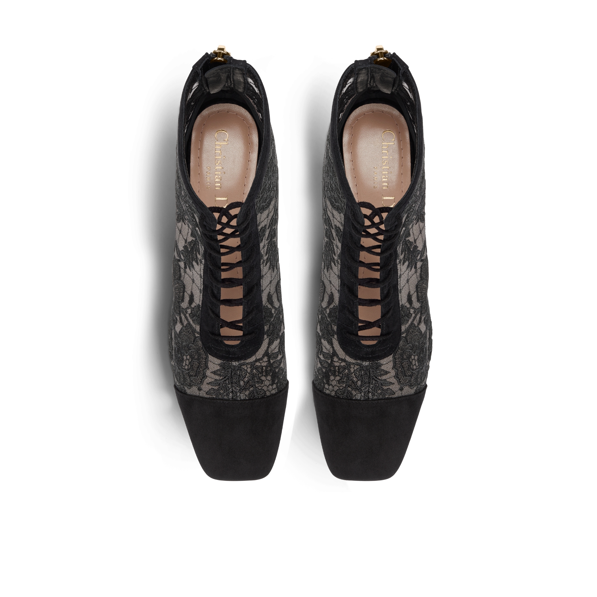 Naughtily-D Ankle Boot mit Absatz Transparentes Mesh und Ziegenveloursleder mit Dior Roses Stickerei in Schwarz E06