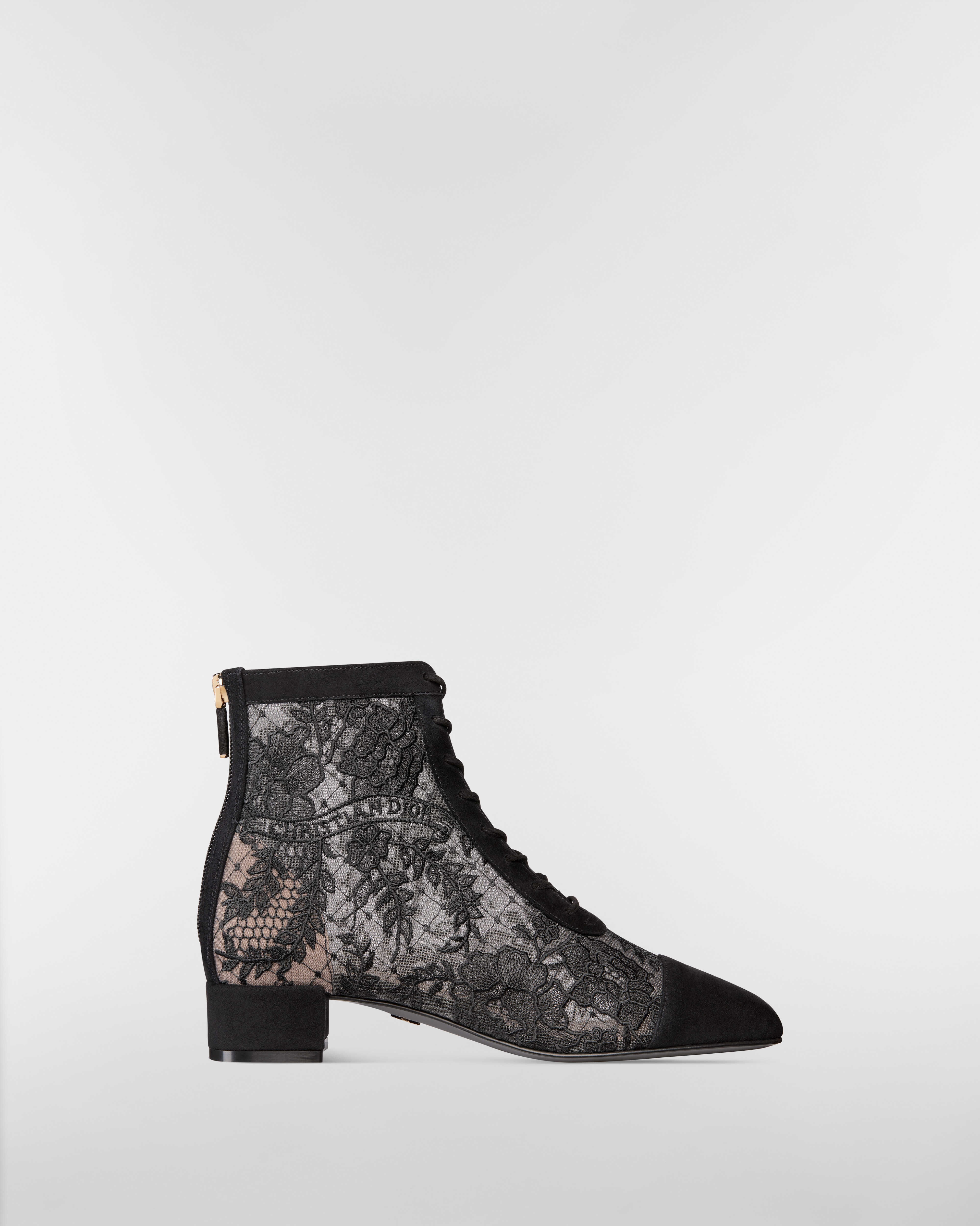 Naughtily-D Heeled Ankle Boot Transparent Mesh with Black Dior Roses Embroidery and Suede Goatskin E02