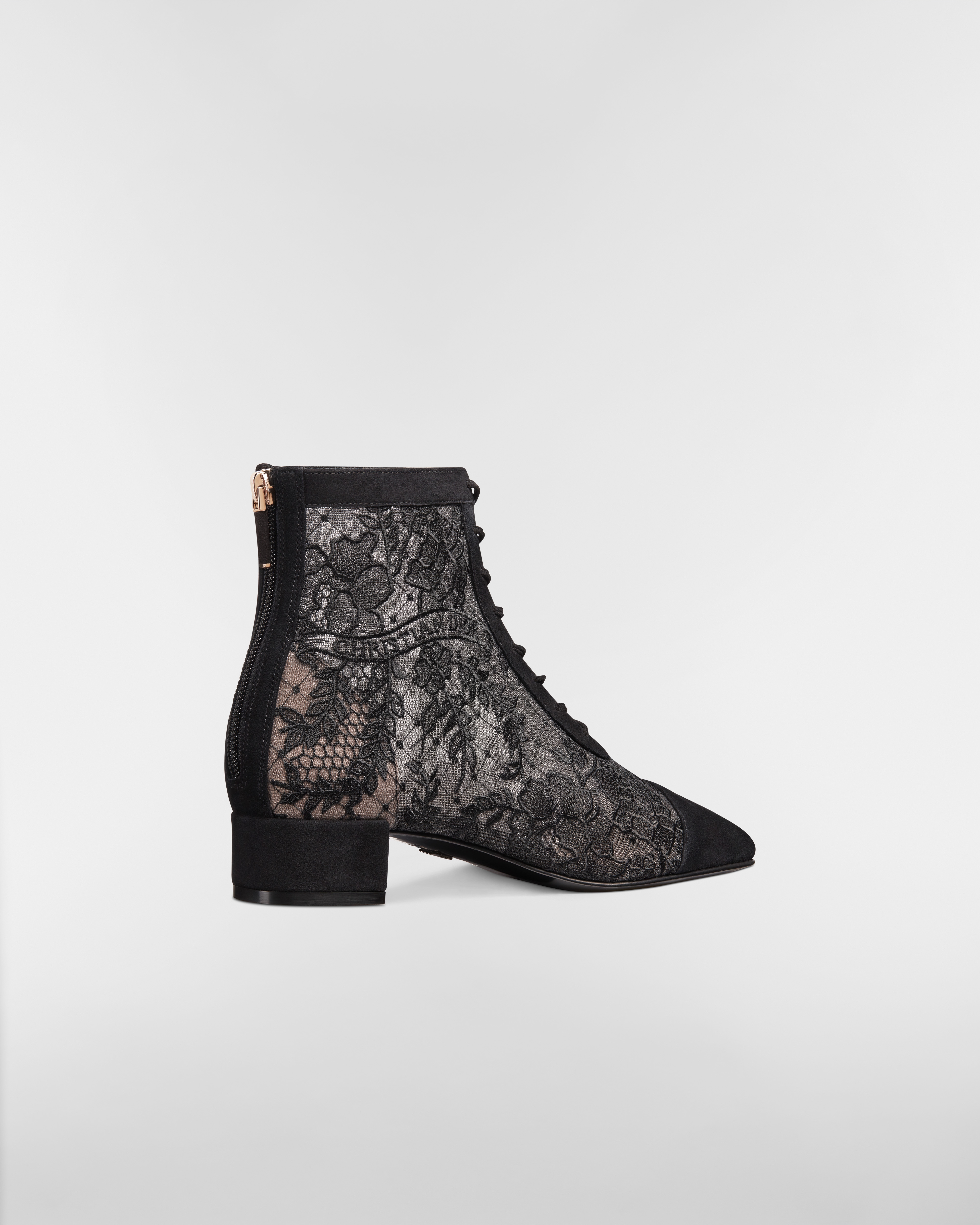 Naughtily-D Heeled Ankle Boot Transparent Mesh with Black Dior Roses Embroidery and Suede Goatskin E05