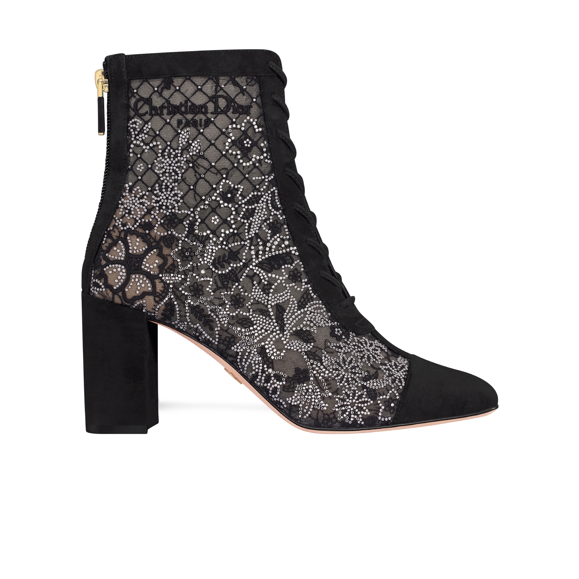 Naughtily-D Heeled Ankle Boot Transparent Mesh Embroidered with Black Millefiori Motif and Silver-Tone Strass E02