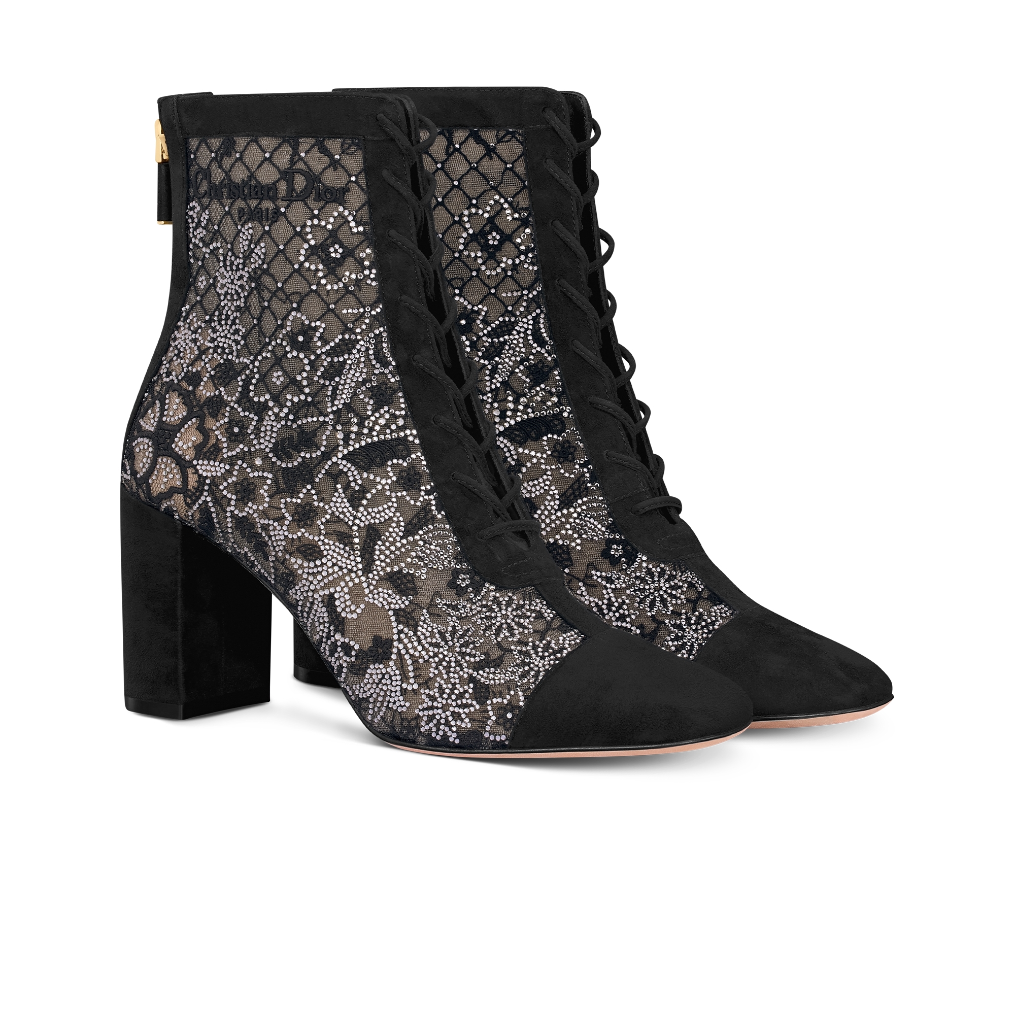 Naughtily-D Heeled Ankle Boot Transparent Mesh Embroidered with Black Millefiori Motif and Silver-Tone Strass E03