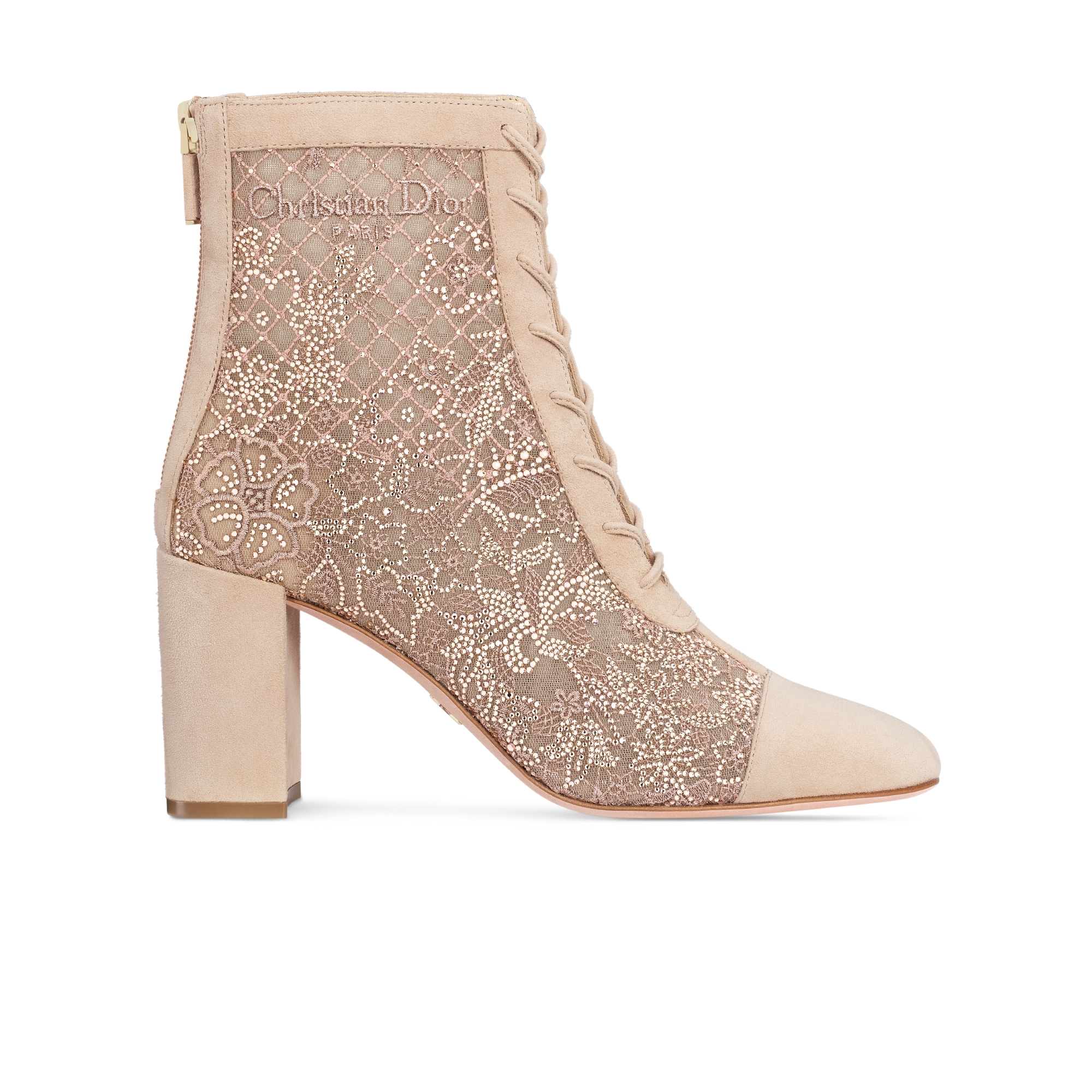 Naughtily-D Heeled Ankle Boot Transparent Mesh Embroidered with Millefiori Motif in Nude Strass E02