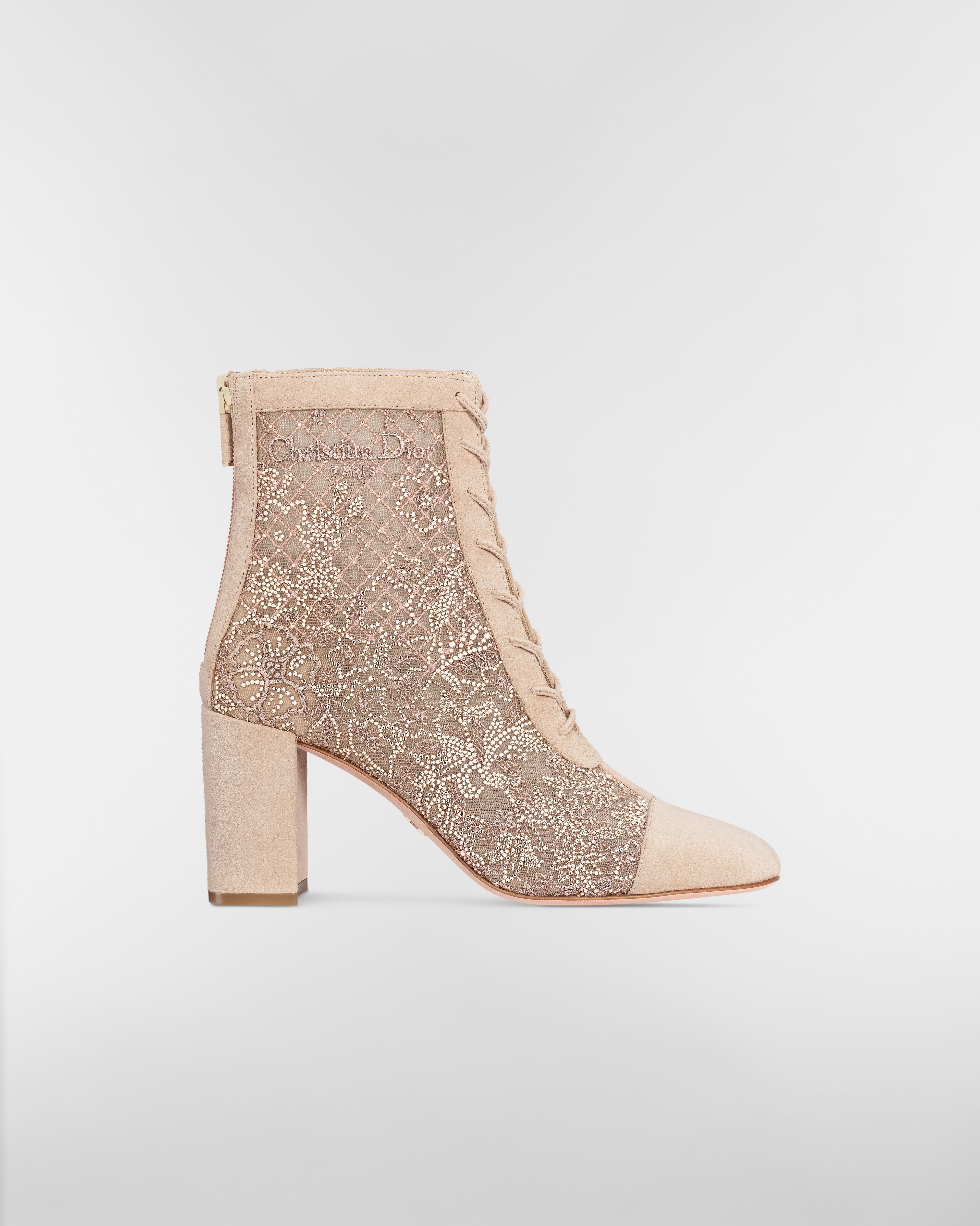 Naughtily-D-enkellaars met hak Transparante mesh geborduurd met Millefiori-motief in nude stras E02